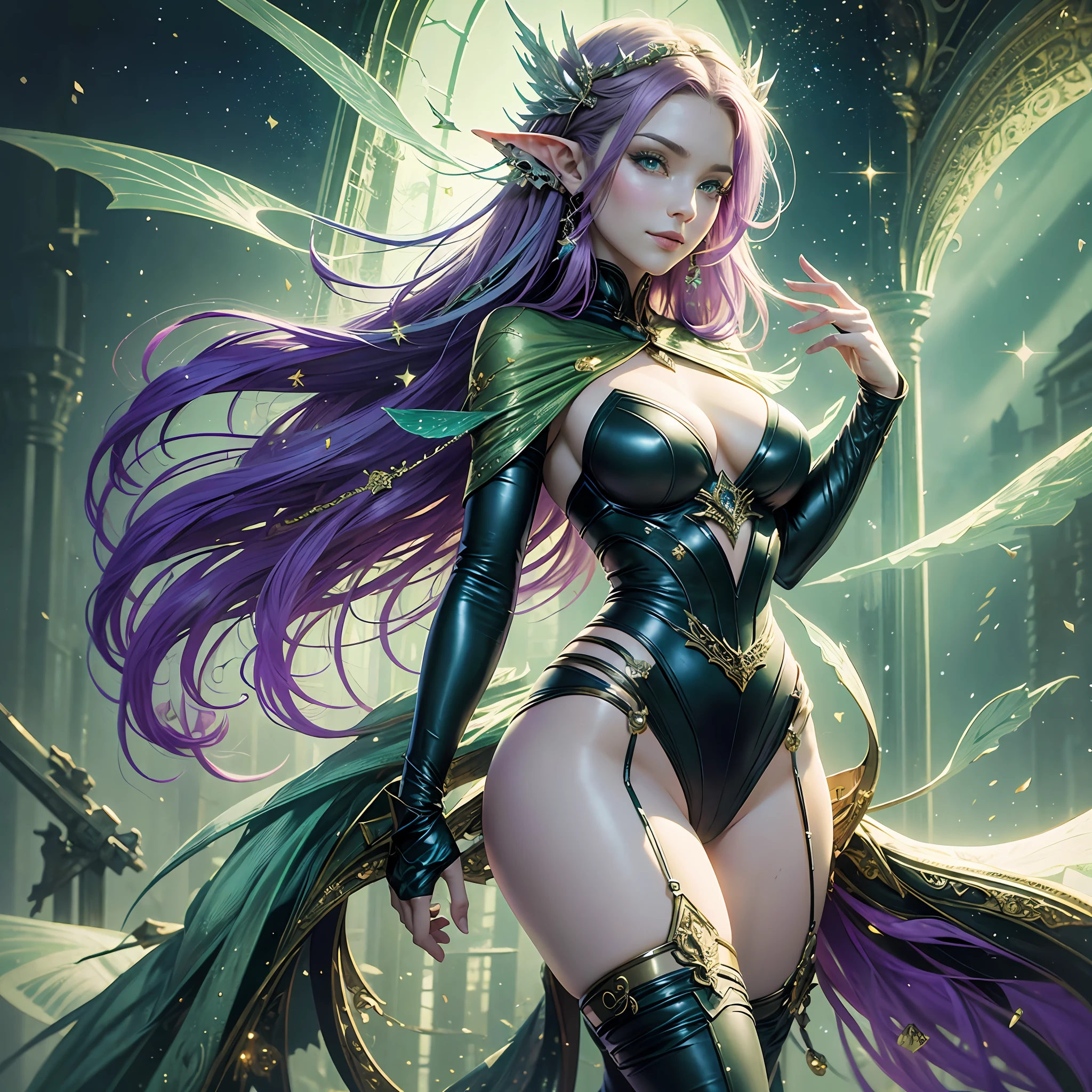 solo, masterpiece, elf sexy, beautiful, full body, beautiful clothes, mythical, fairy tale, 8k, light smile, violet hair, green eyes, pale body, slim body, sharp curves, tight clothing --auto --s2