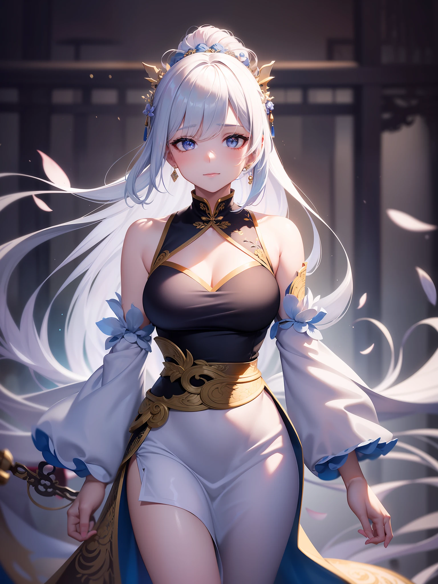 (an extremely delicate and beautiful), 1girl, ((an extremely delicate and beautiful girl)), female focus on, ((gorgeous hair_ornament)), {{beijing opera}}, ((Ink wash painting)), ((ink splashing)), ((chinese painting)), ((color splashing)), beautiful detail, gradient hair, white hair, blue hair, long hair, eye reflection, disdain, (((illustration))), ray tracing, reflection light, blurry, glowing light, depth of field, chiaroscuro, stereogram, zoom layer, cowboy shot, f/2.8, bokeh, (((masterpiece))), ((best quality)), masterpiece, best quality, high quality, HD