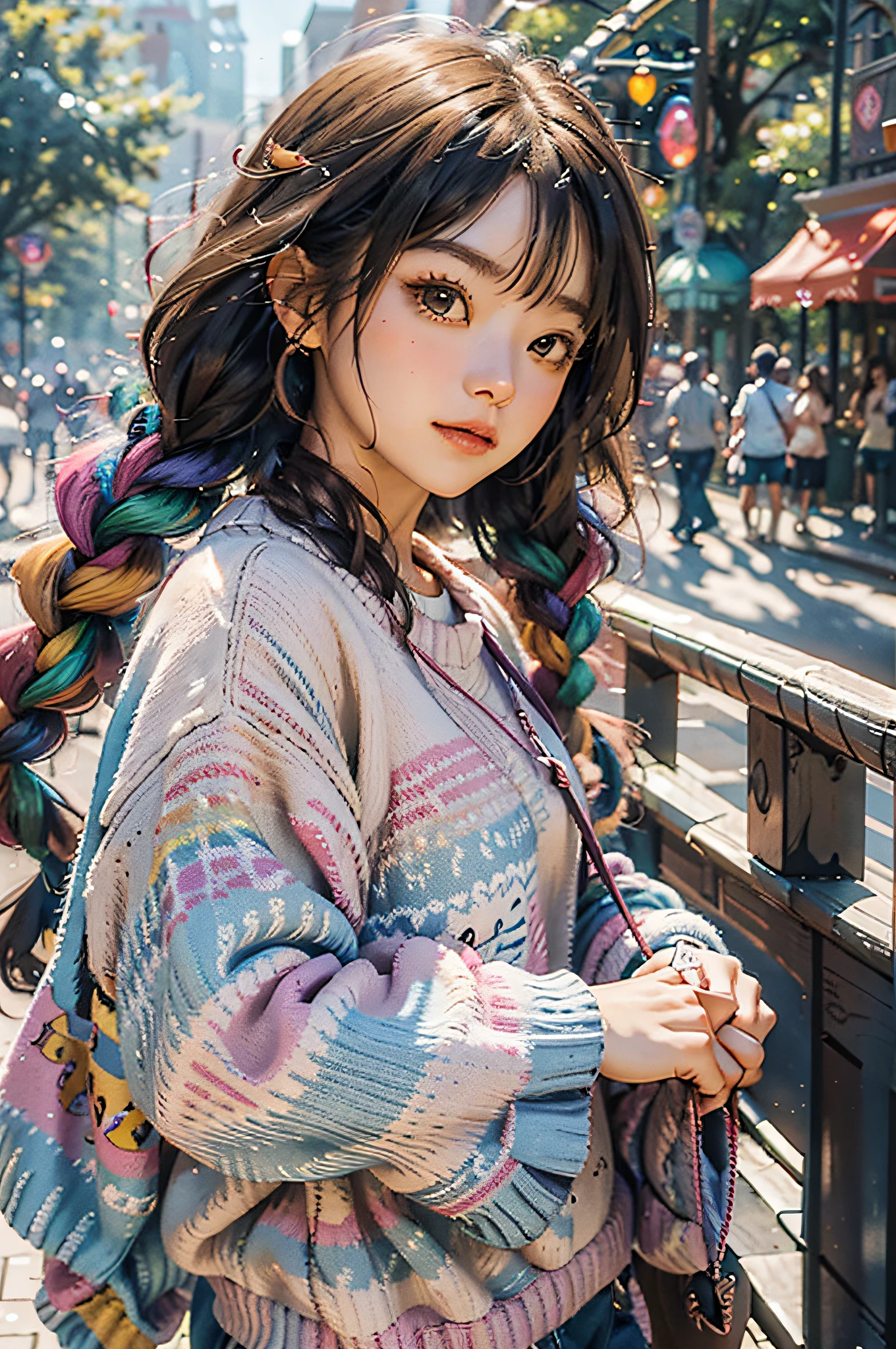 girl,kitty,dreamer, whimsical, wide-eyed, blushing face, rainbow braids, playful,oversized sweater, kawaii coverage, cotton,magic kingdom, park, joy, quest,