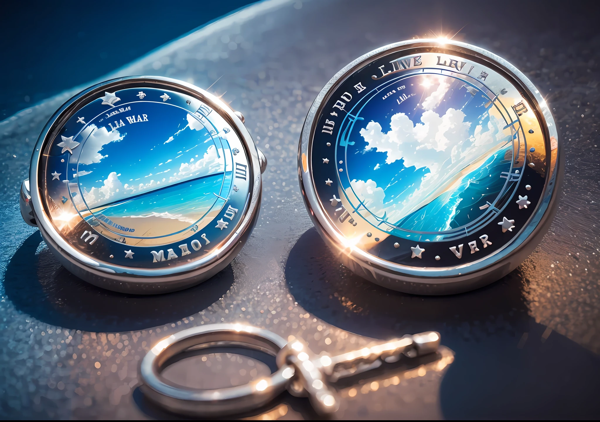 charm represent a lifetime trip with silver material, blue sky background, neon, 3D, 8K --auto --s2