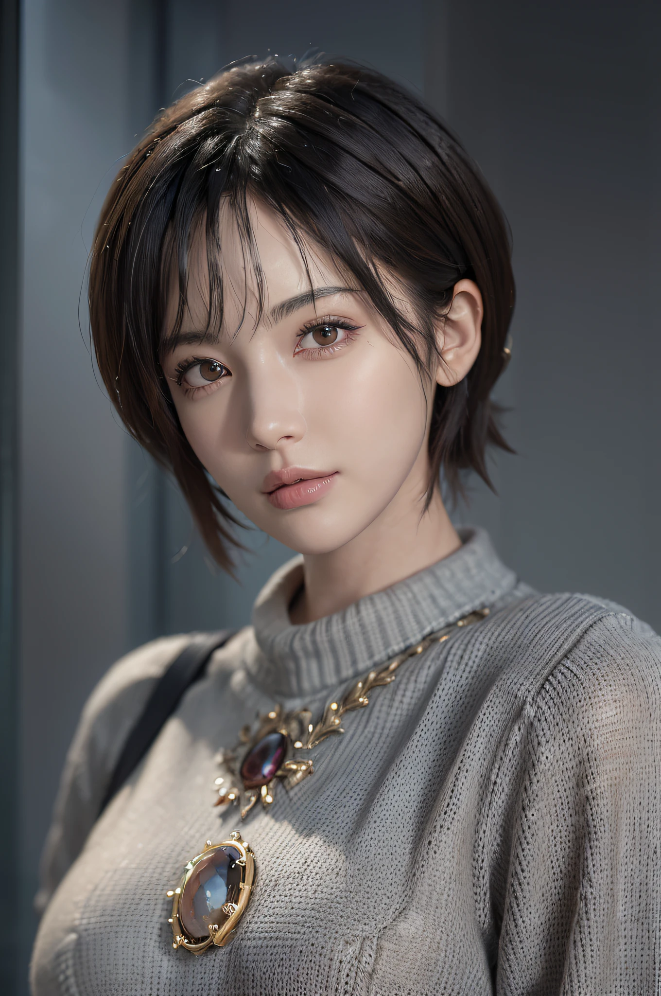 (masterpiece:1.3), (8k, photorealistic, RAW photo, best quality: 1.4), (1girl), beautiful face, (realistic face), (black hair, short hair:1.3), beautiful hairstyle, realistic eyes, beautiful detailed eyes, (realistic skin), beautiful skin, (sweater), absurdres, attractive, ultra high res, ultra realistic, highly detailed, golden ratio