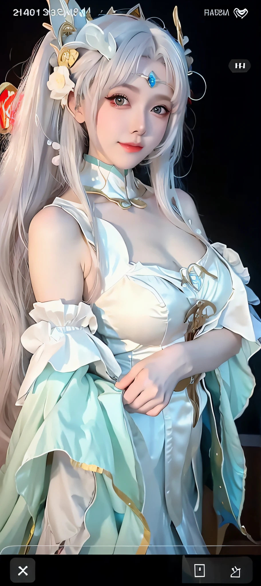 Close up of a woman in a long hair dress, anime girl role play, elegant and charming role play, anime role play, role play, anime goddess, gorgeous role play, charming role play, cosplay photo, beauty Delfin, pale milky porcelain skin, Shih Tzu from the glory of the king, cosplayer, Sakimikan Frank Franzeta, big breasted half naked