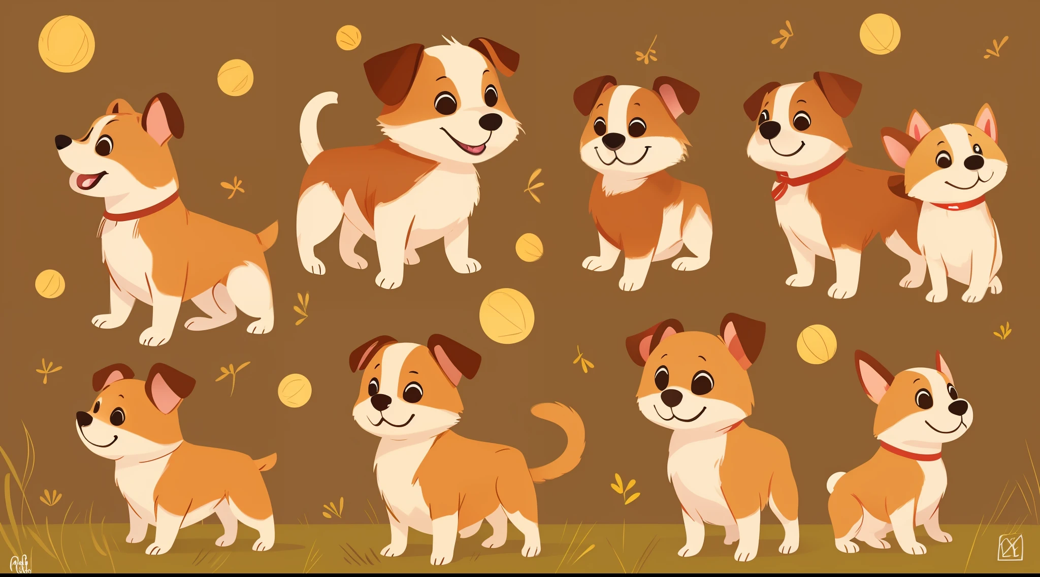 Dog, caramel, cute, children's art in artstation, yellow dog concept art, cute, happy, happy, children's animal art, white background, animated dog character with different positions and poses,