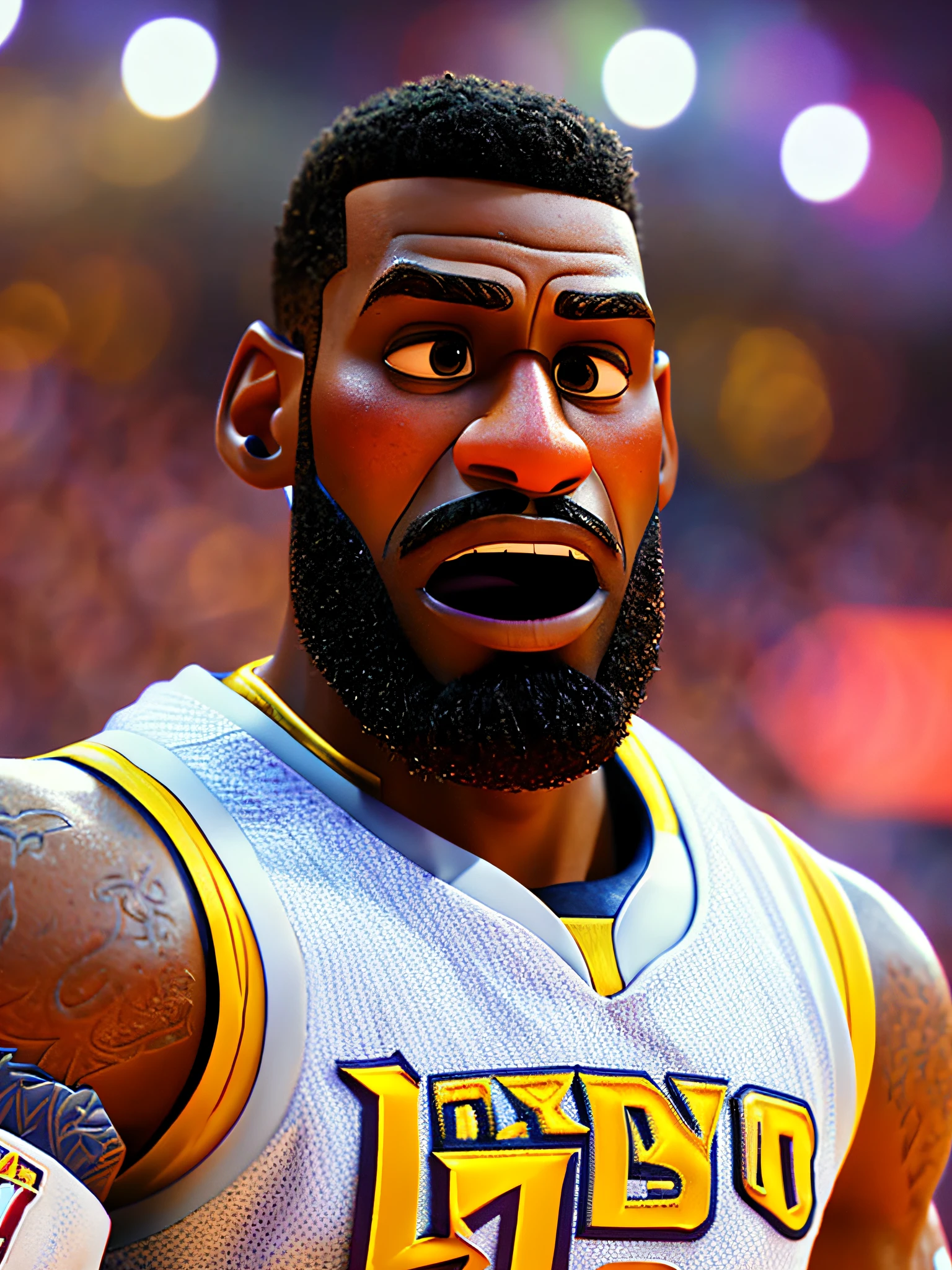 LeBron James, (Pixar style) (masterpiece:1.2) (bokeh) (best quality) (detailed skin) (detailed texture) (8k) (claymation) (cinematic lighting) (sharp focus