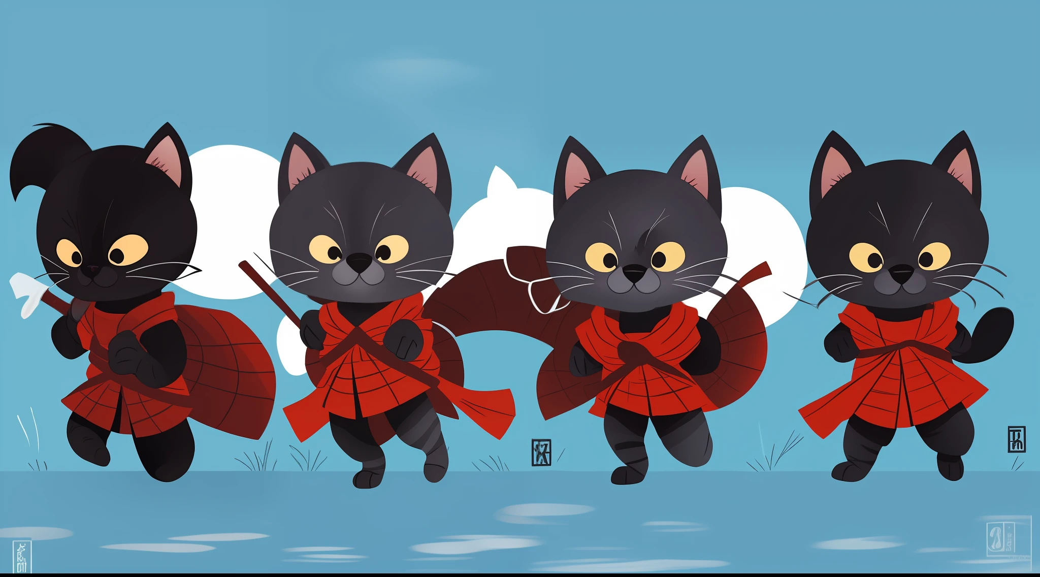 Ninja kitten, walking on the wall, cute, children's art in artstation, concept art of black ninja kitten, cute, happy, happy, children's kitten art, white background, animated ninja kitten with different positions, poses and expressions, white background
