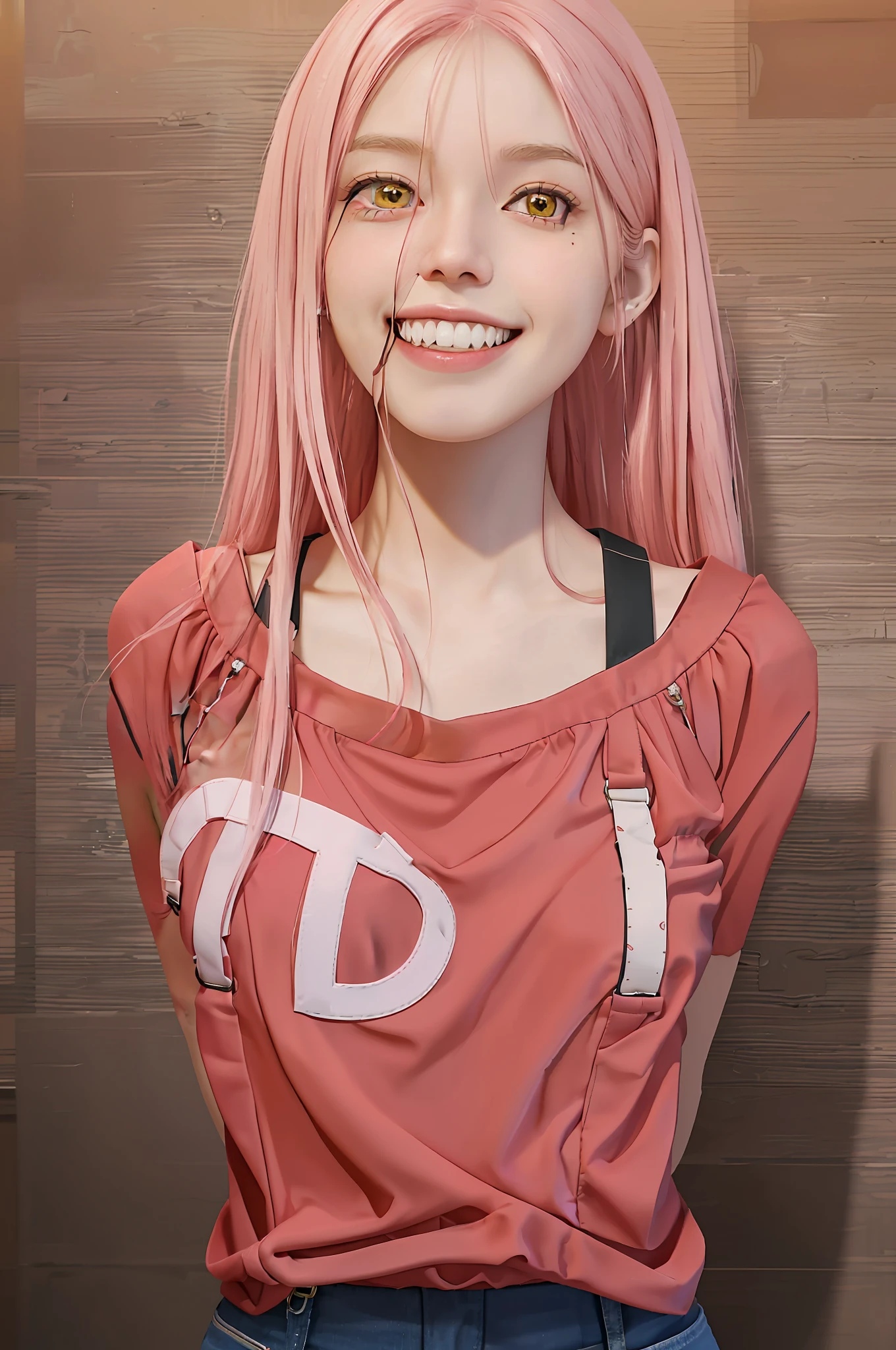 Long pink hair, red clothes, jeans, toilet room, black suspenders, bare shoulders, ((pointed teeth)), yellow eyes, maiden, collarbone, (bad smile), pava