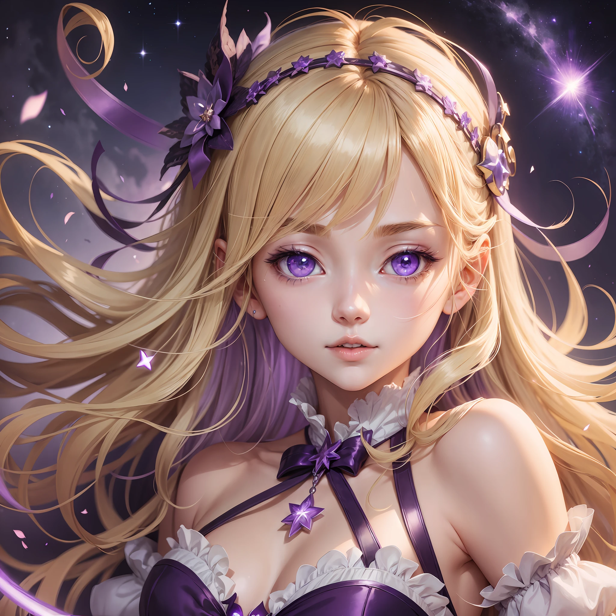 Light blonde haired anime girl with violet colored eyes with a magical wand casting purple spells under the starry sky floating in the air shining moon --auto --s2