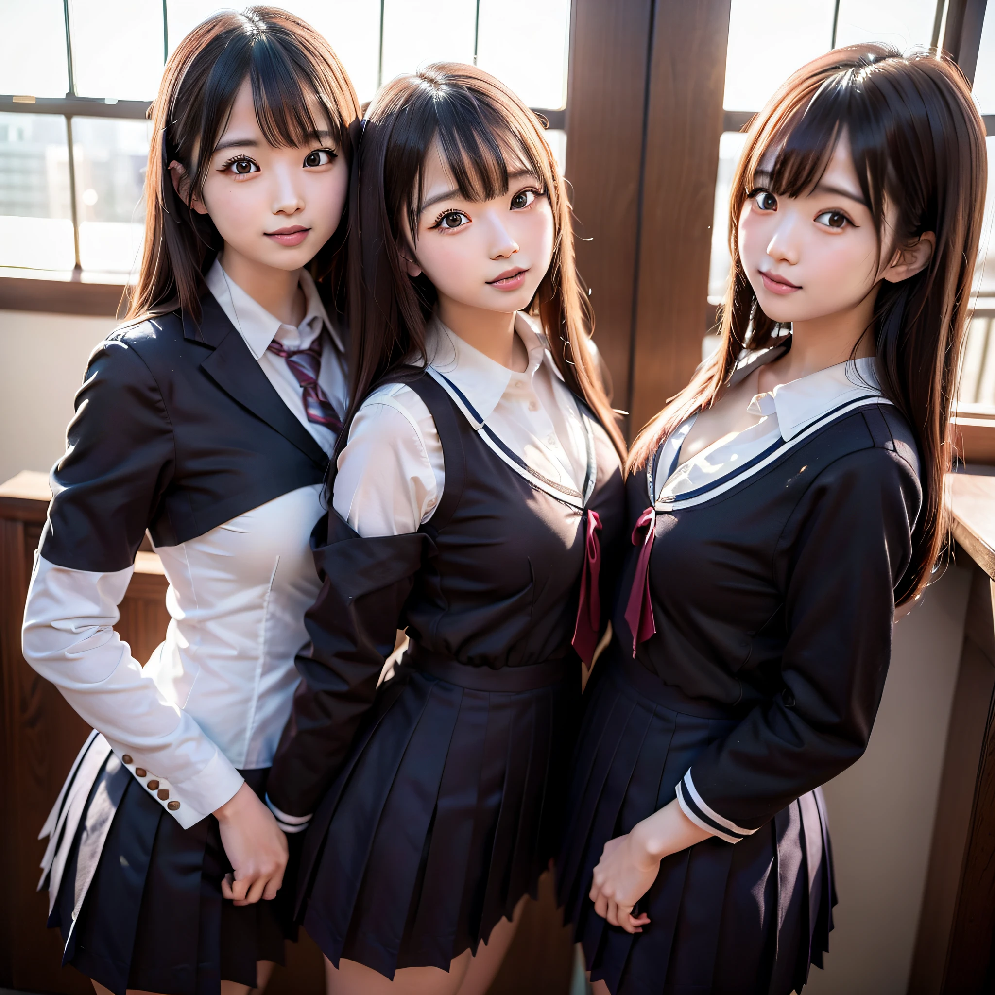 two asian women in school uniforms posing for a picture, two japanese schoolgirls posing, wearing japanese school uniform, japanese school uniform, two beautiful anime girls, sakimichan hdri, japanese girl school uniform, wearing school uniform, realistic young gravure idol, taken with canon 5d mk4, anime girls, anime girl in real life, two girls