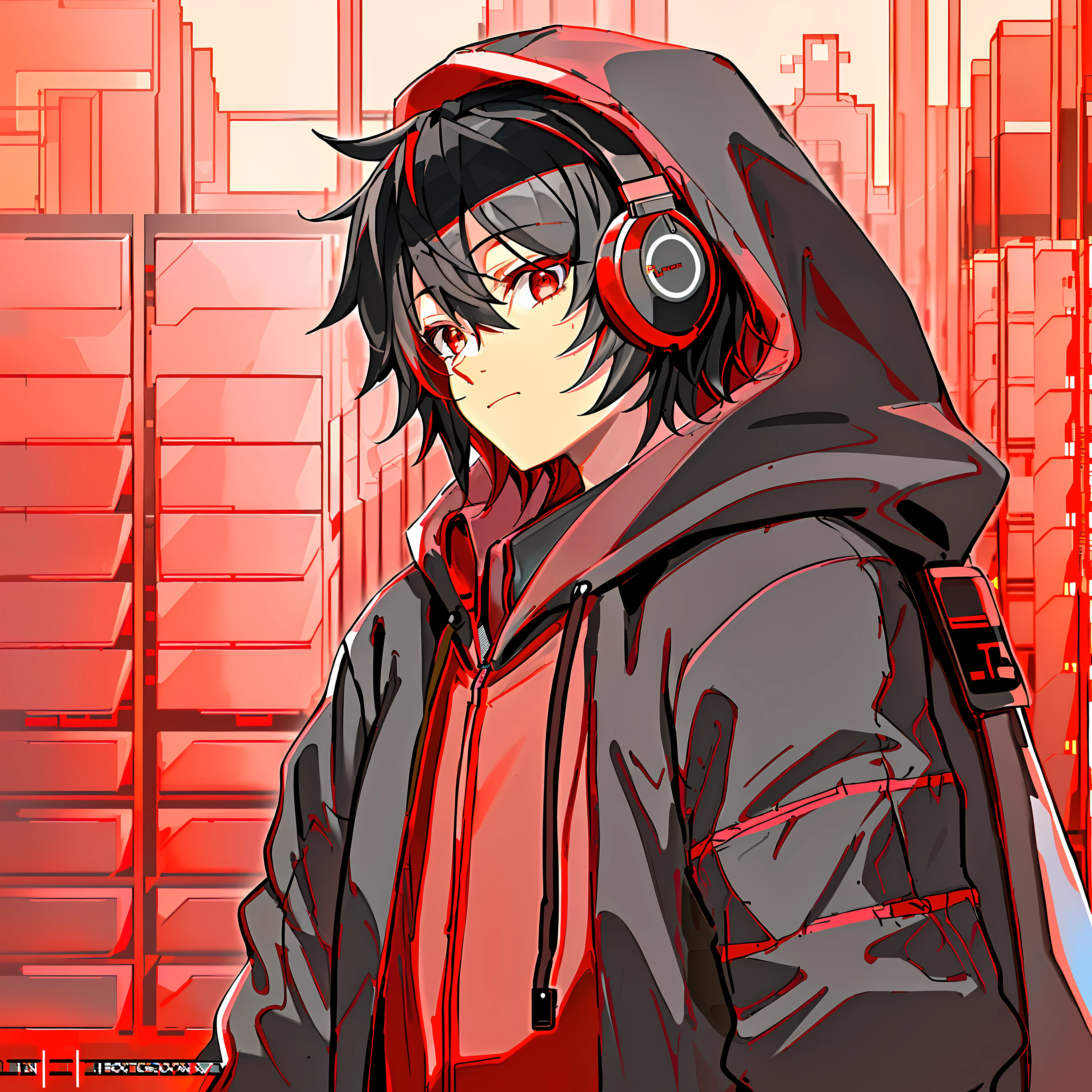 (((guy)), male, dude, (using a laptop), (((in a server room)), highly detailed, trends on artstation, listening to music, red headphones, black hoodie, hat, programming, (red eyes), (red and black palette)), (very short black hair, red highlights), intricate, sleepy people, eyes looking out of camera