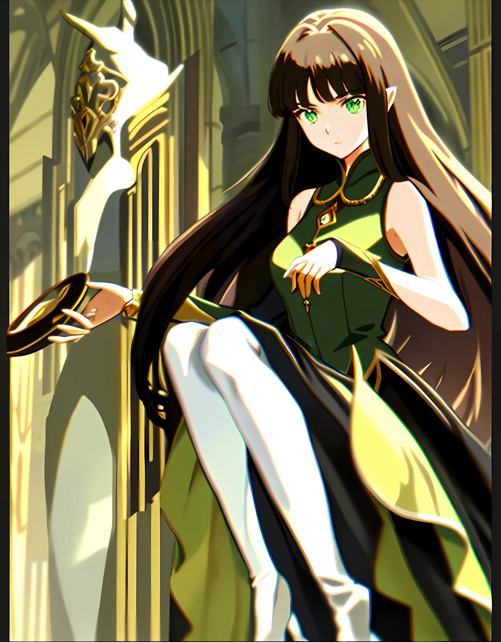 A princess petting a horse. The girl's hair is dark brown, green eyes, black dress, with a white pants and gold adornments, masterpiece, long boots, arcane magic, mage of elements, medieval, beautiful architecture, medieval atmosphere, anime, woman, Asian, at the door of a city, height of the young woman was 1.56cm, sleeveless dress