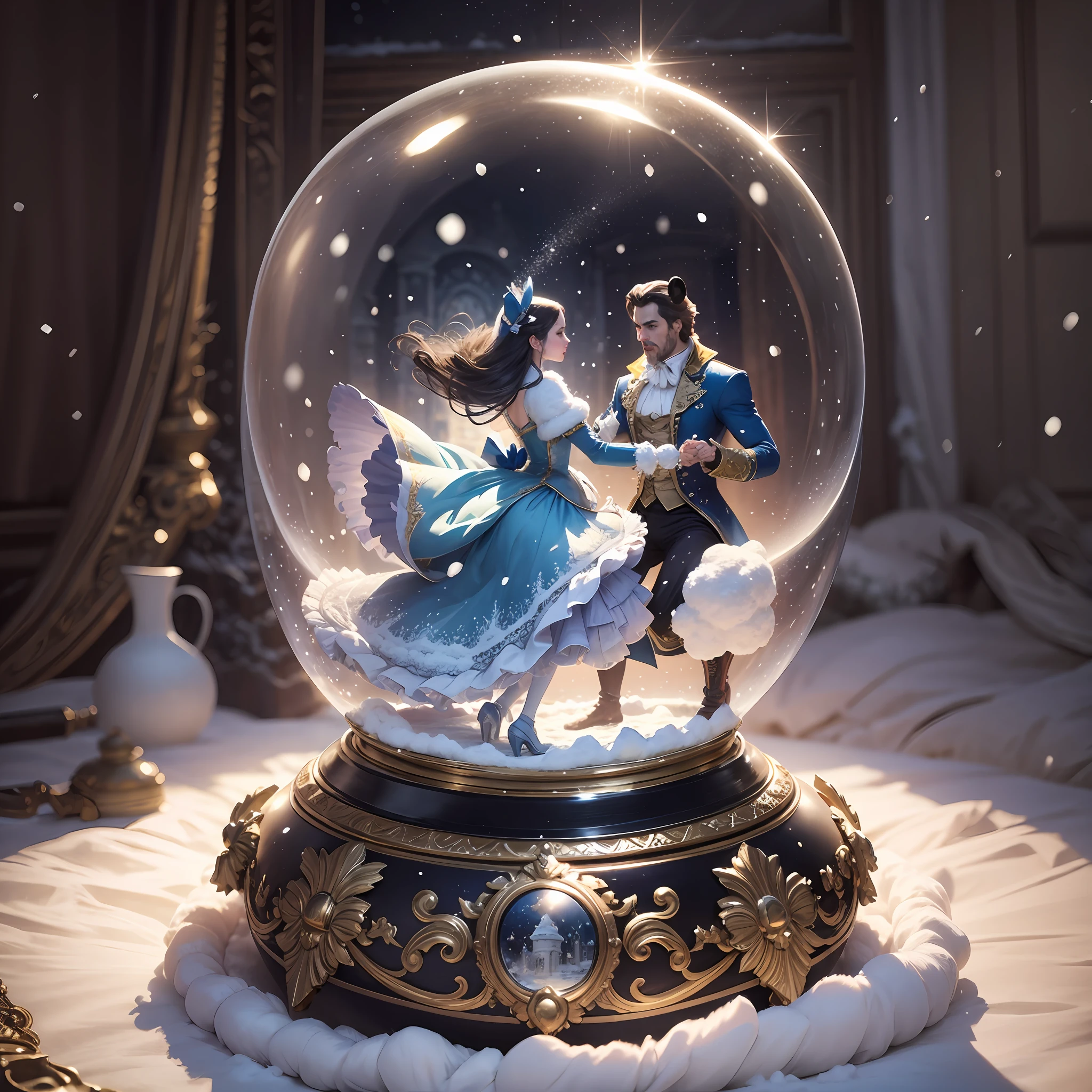 snow globe containing beauty and the beast dancing