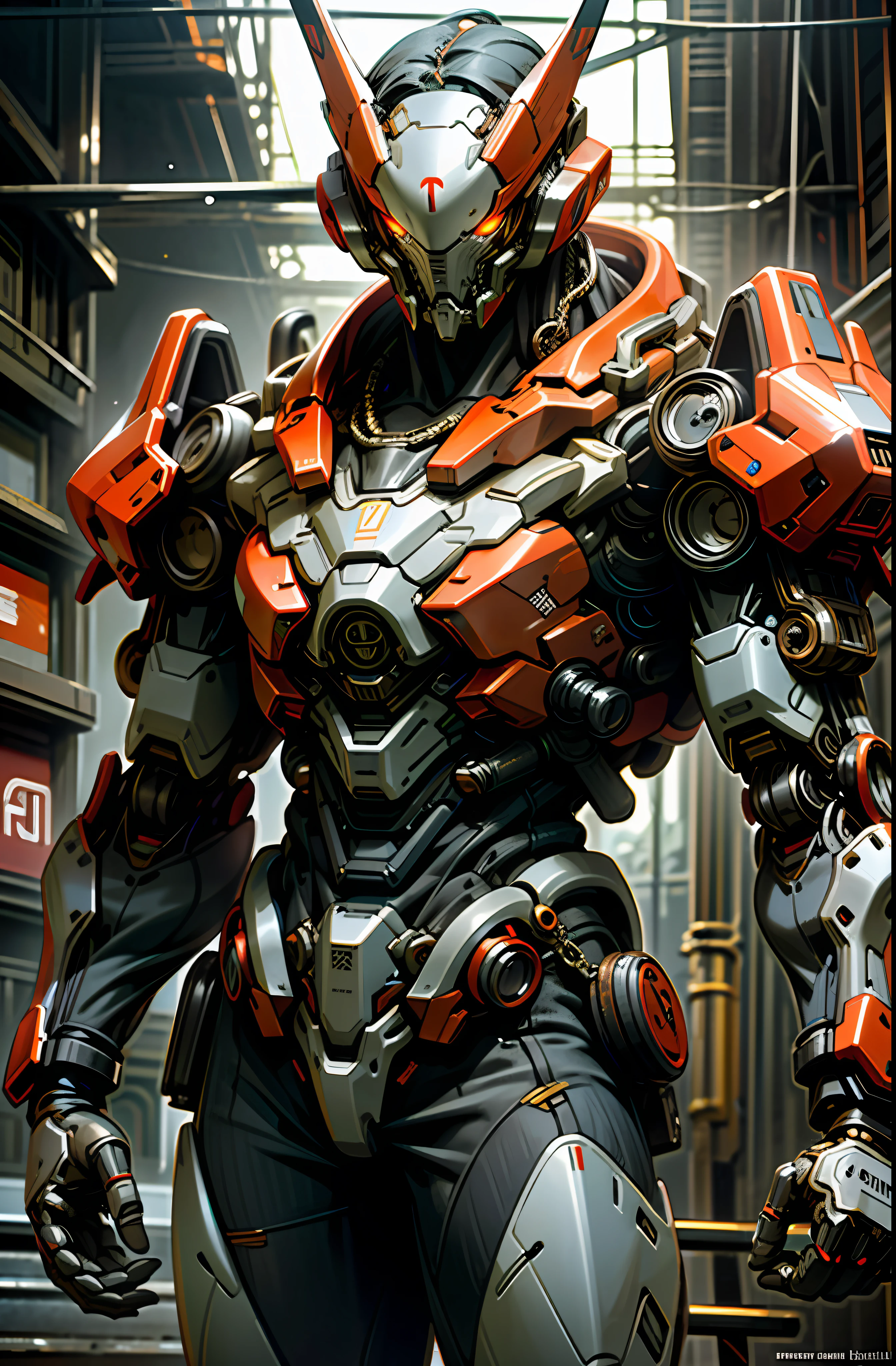 Dark_Fantasy, Cyberpunk, (chain saw, chain saw man, Red: 1.1), 1man, Mechanical marvel, Robotic presence, Cybernetic guardian, wearing shabby mech suits, intricate, (steel metal [rusty]), elegant, clear focus, photographed by Greg Rutkowski, Soft lighting, bright colors, masterpieces, ((street)), cowboy shooting, dynamic pose, (high definition: 1.1), (8k: 1.1)