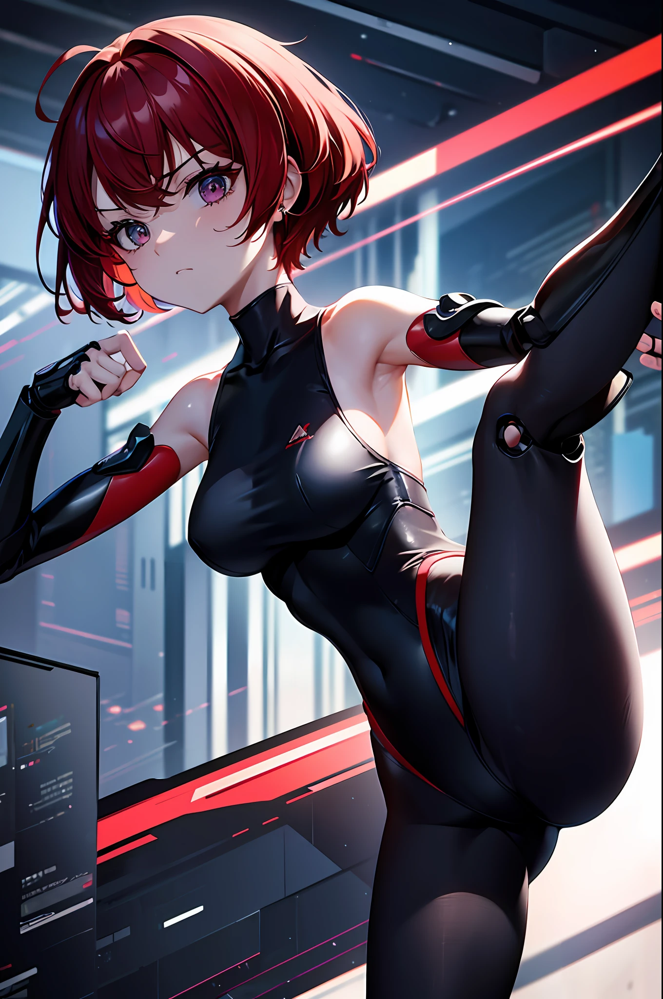 Absurd, very accurate details, highly detailed 8K wallpaper, (Transcendental Beautiful Girl: 1.5), Blake, Short Cut, Red Hair, (Sleeveless Bodysuit of Mesh Fabric: 1.5), Blake, Low Angle, Thigh to Head to Head, Cyberpunk, Perfect Five Fingers, Blake, (Mechanical Joints and Mechanical Limbs: 1.1), High Kicking Pose, Angry Face,