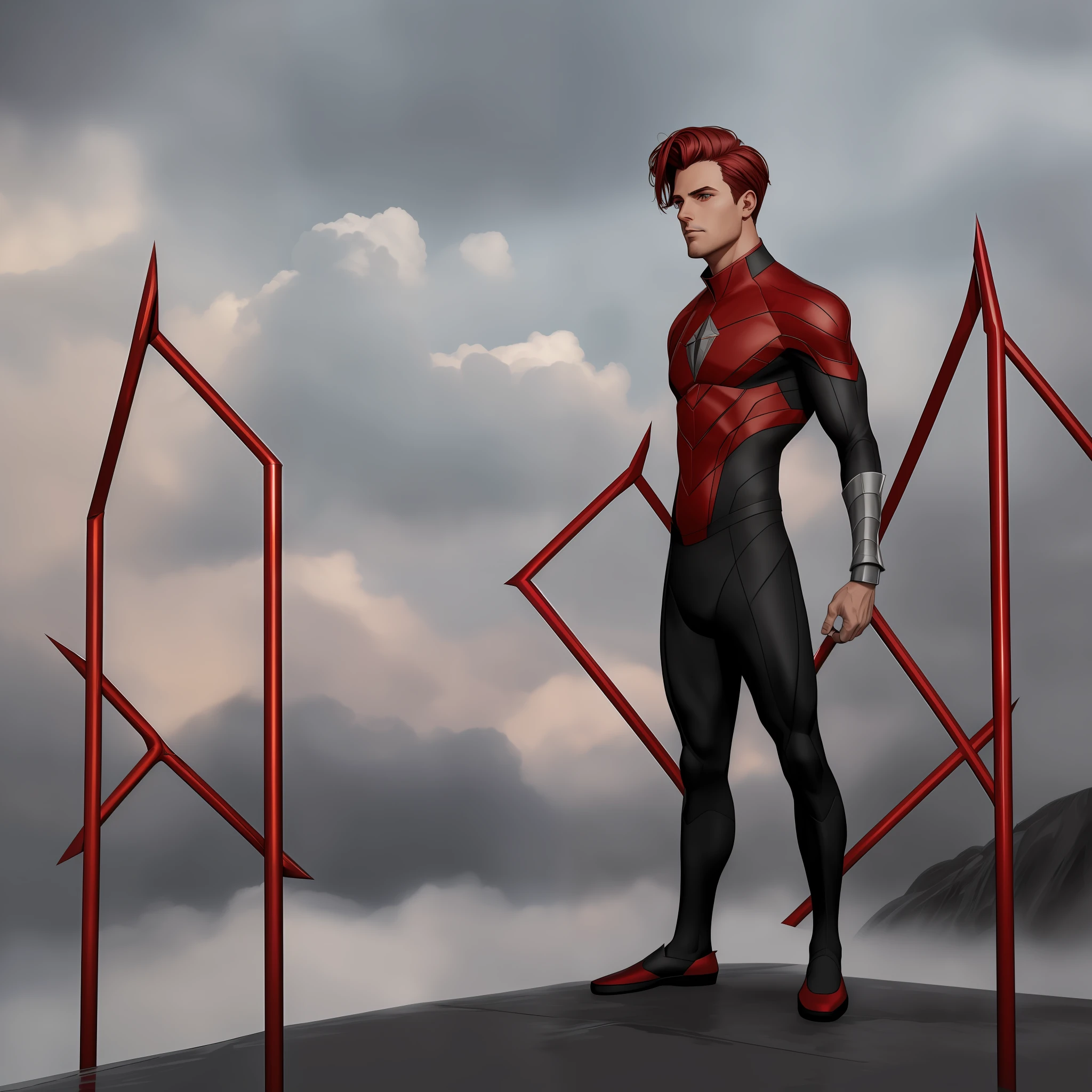 (((full body of male supspr))), (((four red metal legs))), (((silver bracelets))), (((sharp fingers)))), - man in a red and black suit sitting on the edge of the building, 8k, unreal engine, octane render, trend in pixiv, fanbox, skeb, masterpiece, smooth soft skin, big dreamy eyes, beautiful intricate colored hair, symmetrical, wide anime eyes, soft lighting, concept art,  digital painting, boy