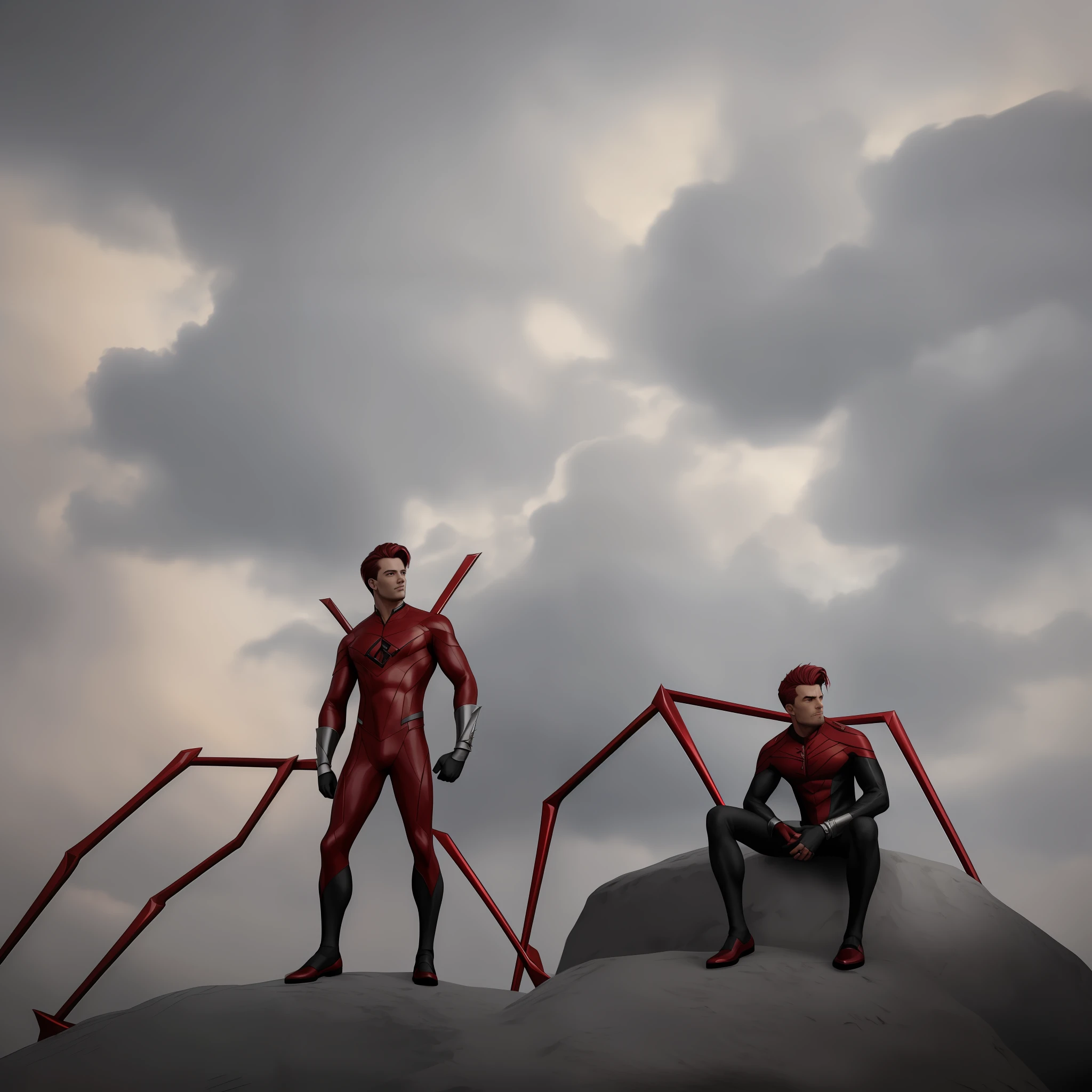 (((full body of male supspr))), (((four red metal legs))), (((silver bracelets))), (((sharp fingers)))), - man in a red and black suit sitting on the edge of the building, 8k, unreal engine, octane render, trend in pixiv, fanbox, skeb, masterpiece, smooth soft skin, big dreamy eyes, beautiful intricate colored hair, symmetrical, wide anime eyes, soft lighting, concept art, digital painting, boy