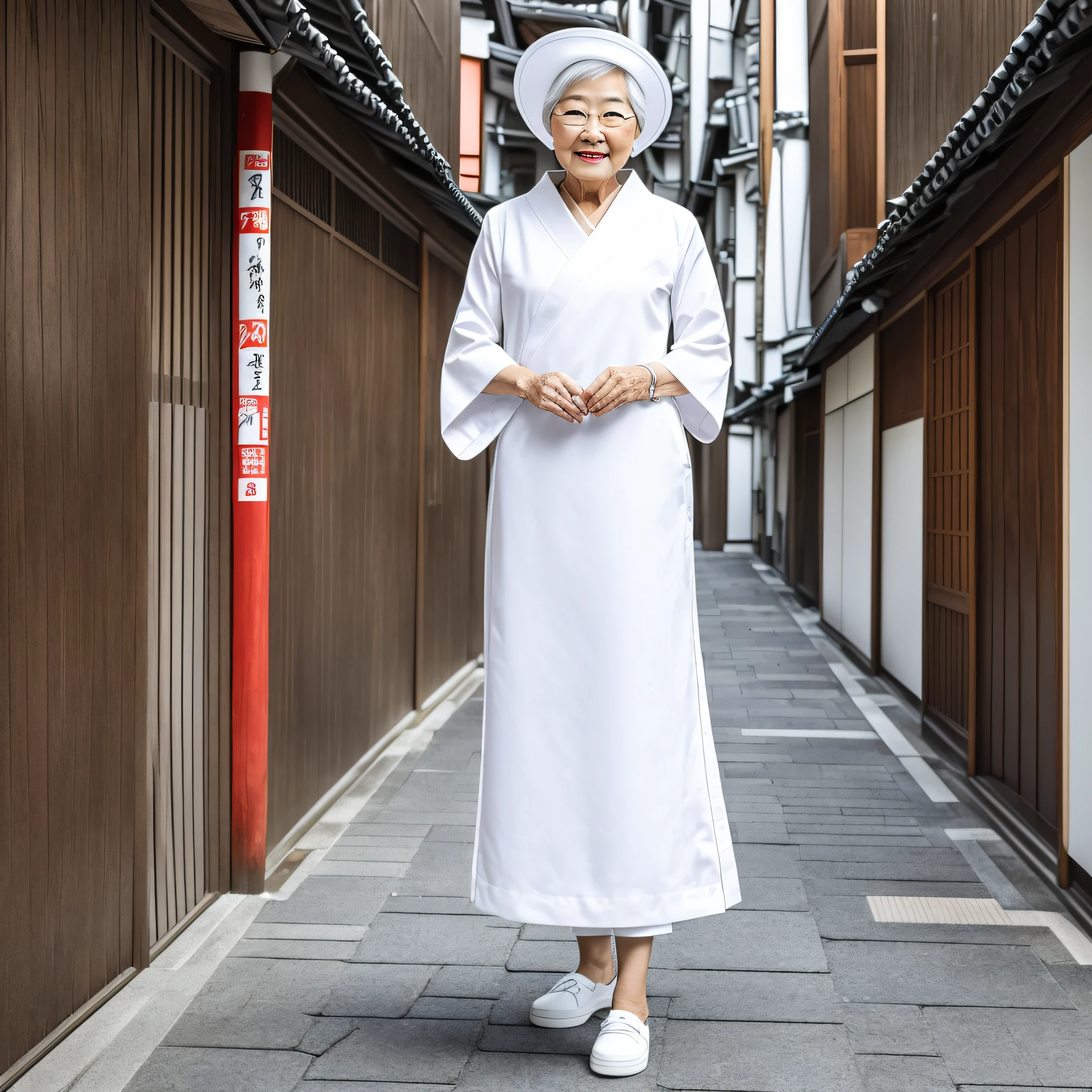 Best quality photo, ultra detailed photo quality, Japan person, fashion image, fashion model, casual, woman in her 60s, background white, diagonal forwarding, full body shot