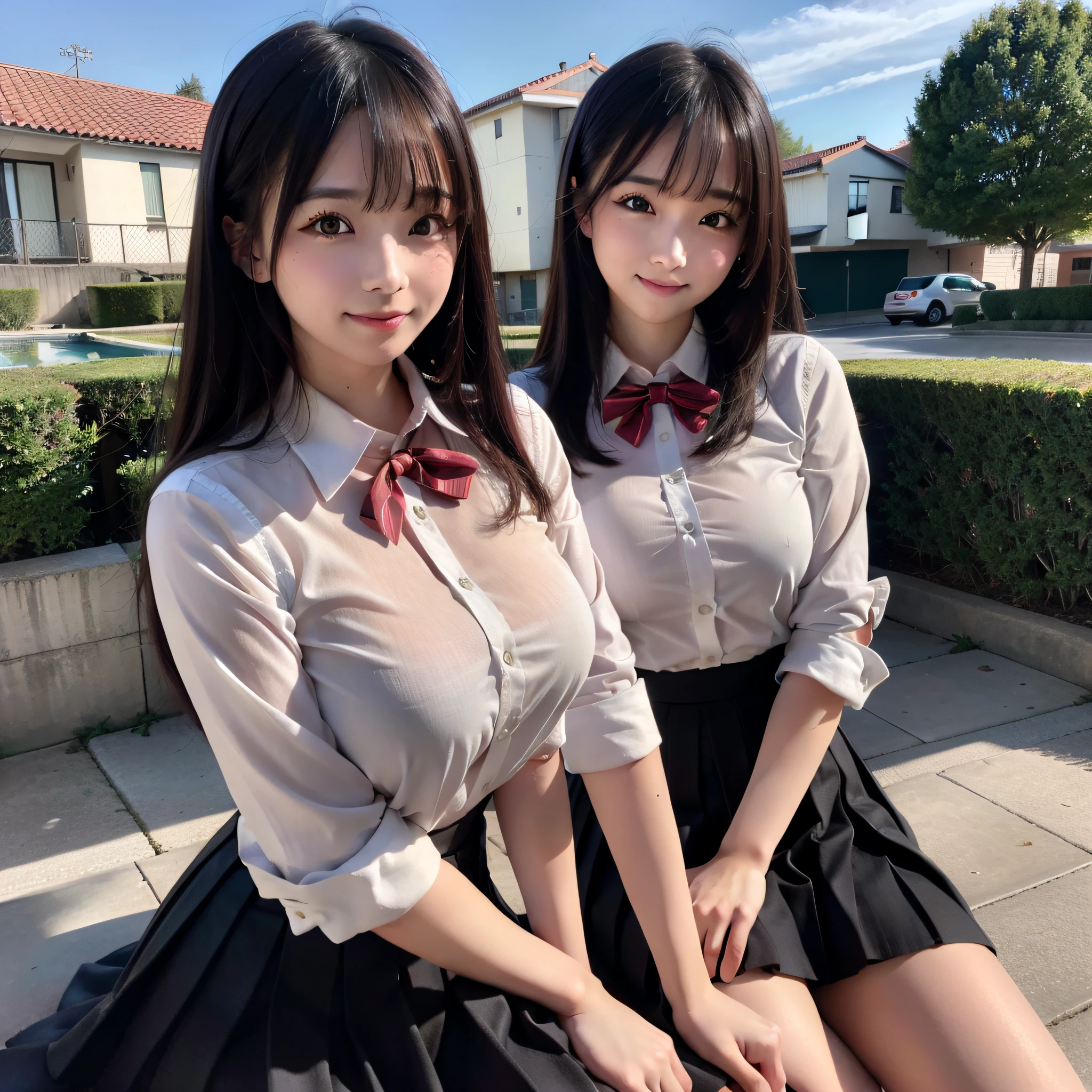 (8k, RAW photo, best quality, masterpiece: 1.2), (realistic, photo-realistic: 1.37), ultra-detailed, 1 girl, beautiful, solo, beautiful detailed sky, detailed coffee, night, sitting, (flushed nose), (smile: 1.1), (mouth closed), medium breasts, beautiful detailed eyes, (collared shirt: 1.1), bow tie, pleated skirt,