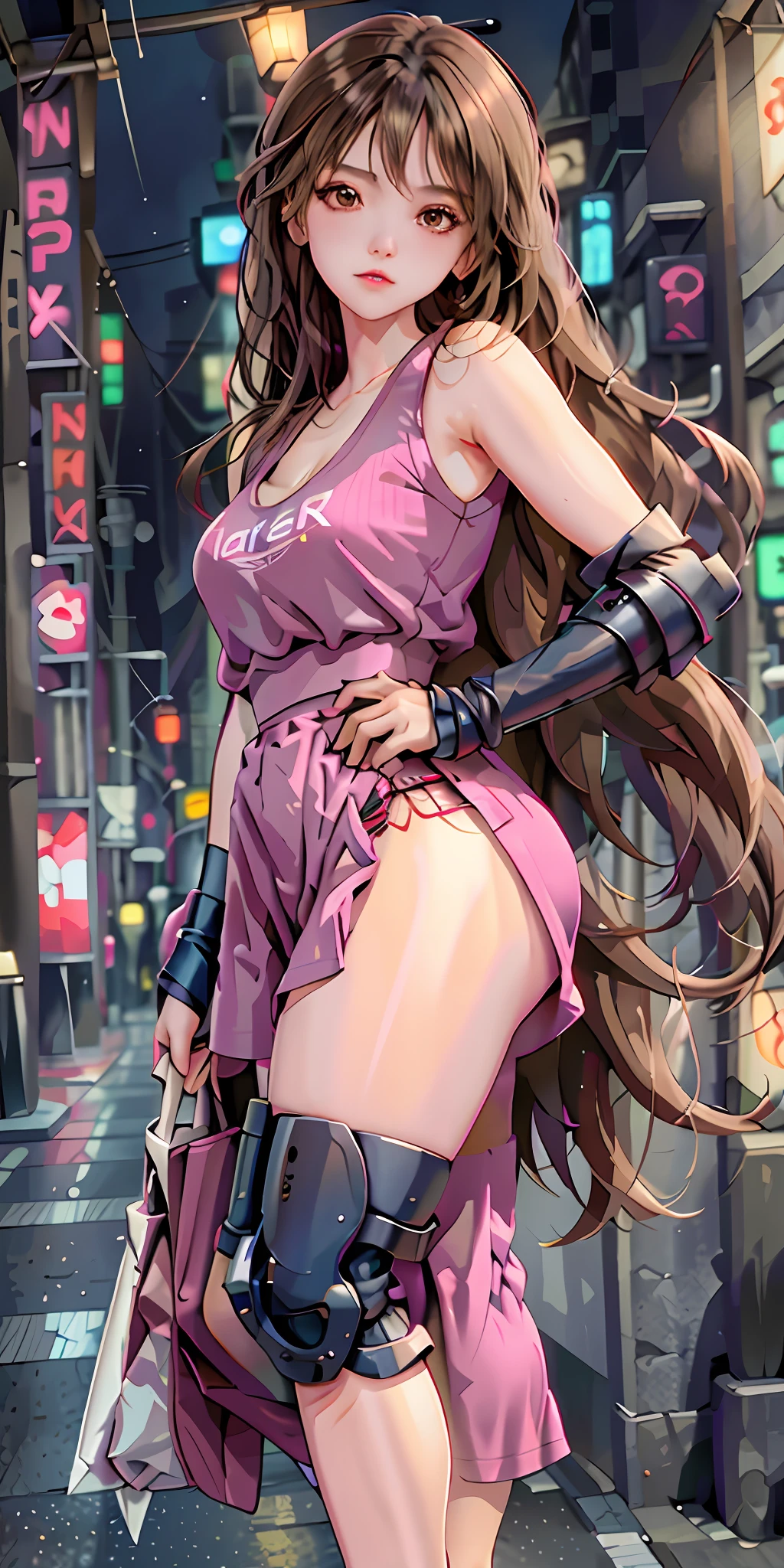 (Best quality, masterpiece: 1.3), 1 girl, rainy day, fog, alley, umbrella, looking at the audience, facing the photo, cyberpunk city, alone in an alley, neon lights in an alley, very reflective city, long hair, large and small strands of hair through the alley, bar, japan, Tokyo, garter belt on one leg, knee pads on the other, perfect hands, delicate, night, shorts, tank top, exposed chest, pink clothes