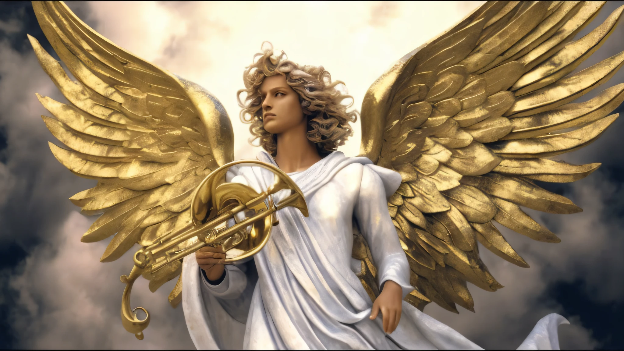 a closeup of a statue of an angel with a trumpet, precise biblical angel, angelic, archangel, by Kurt Wenner, angelic, biblically cornered angel, biblically accurate angels, archangel Michael, beautiful angel, angel-themed, angel-themed, large angel wings wide open, angelic golden armor, wide angel, the god of music, with the face resembling the face of Brazilians,