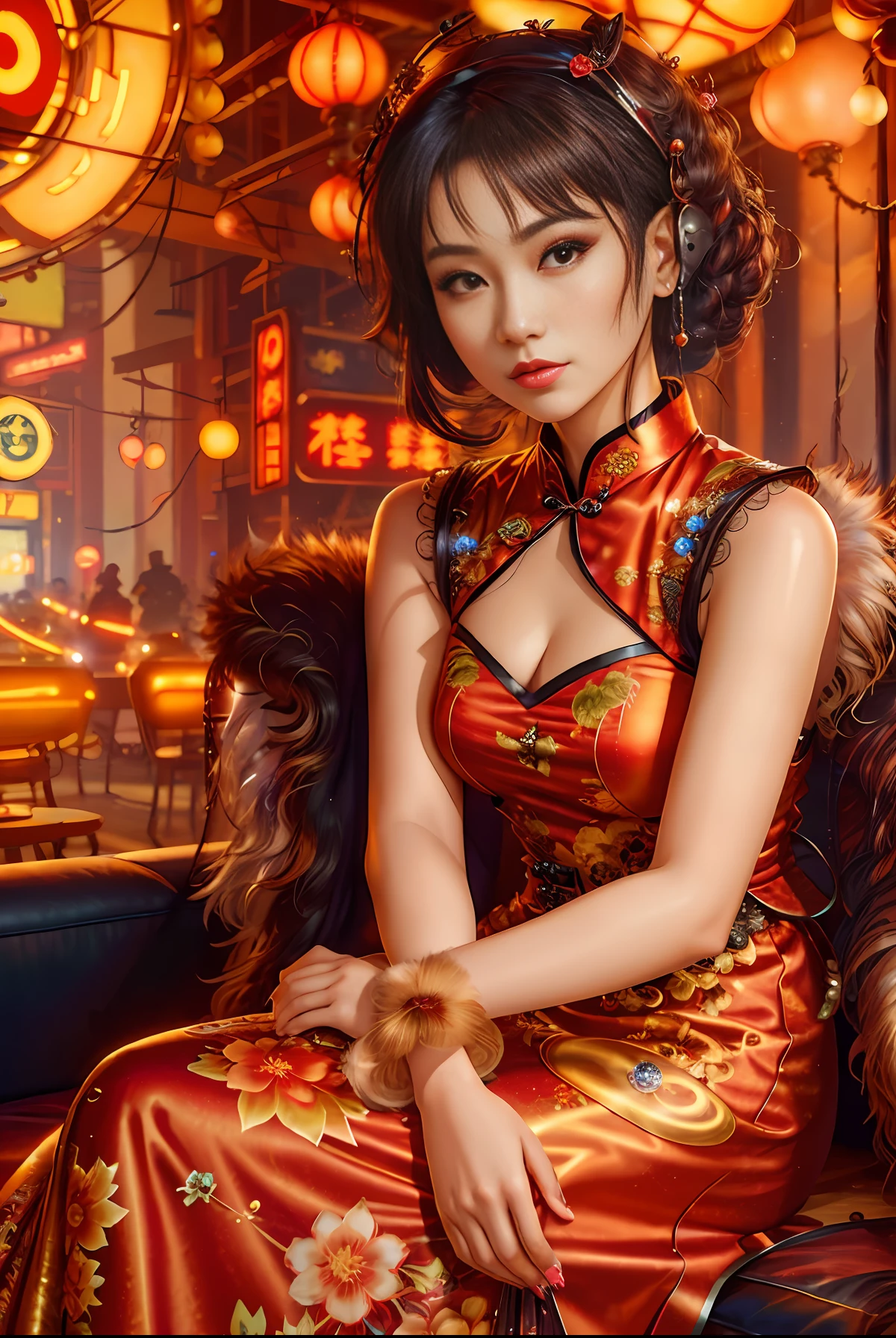 Realistic, high resolution, 1 girl in gorgeous cheongsam, (fur), (original photo, complex ultra-detailed costumes: 1.4, extremely gorgeous costumes), 1930s Shanghai, Vintagepunk sofa, vintagepunk lights, vintagepunk lights, vintagepunk background, movie lights, neon lights, masterpiece, perfect anatomy, perfect face, abstract beauty, illustrations, best quality, (official art, very detailed CG Unity 8k wallpaper), very detailed, ridiculous, 8k resolution, ((reality))), ((reality))), popular on art radio
