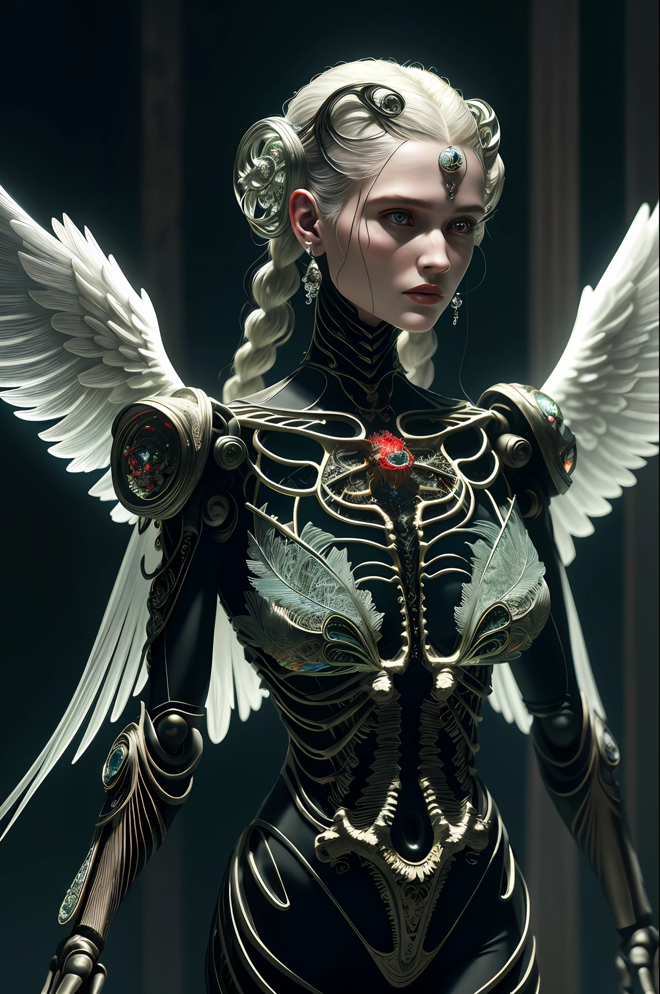 HD photo Intricate 3D rendering Ultra Detail Beautiful Angel of Death, Biomechanical Robot, Simulated 150mm Lens, Beautiful Natural Soft Edge Light, Neon Vein, Roots, Delicate Leaf Lace, Colored Details, Boris Bidjan Saberi Garments, Pearl Earrings, Piercings, Art Nouveau Fashion Embroidery, Intricate Details, Mesh Lines, Mandelbrot Fractal, Facial Muscles, Cables, Microchips, Villains, Surreal, Octane, Volume Lighting, 8k and post-production, red white with a touch of black, metal skeleton detailing, half-human, iridescent, Glenn Brown style, futuristic room, power of God, high angle shooting, complex body poses