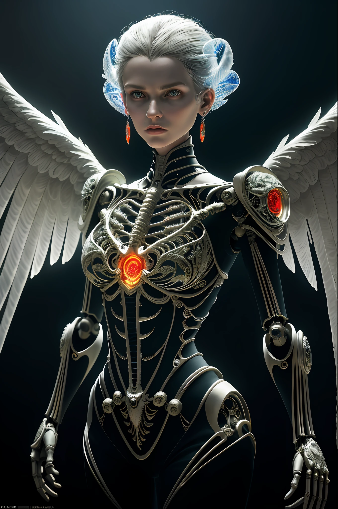 HD photo Intricate 3D rendering Ultra Detail Beautiful Angel of Death, Biomechanical Robot, Simulated 150mm Lens, Beautiful Natural Soft Edge Light, Neon Vein, Roots, Delicate Leaf Lace, Colored Details, Boris Bidjan Saberi Garments, Pearl Earrings, Piercings, Art Nouveau Fashion Embroidery, Intricate Details, Mesh Lines, Mandelbrot Fractal, Facial Muscles, Cables, Microchips, Villains, Surreal, Octane, Volume Lighting, 8k and post-production, red white with a touch of black, metal skeleton detailing, half-human, iridescent, Glenn Brown style, futuristic room, power of God, high angle shooting, complex body poses