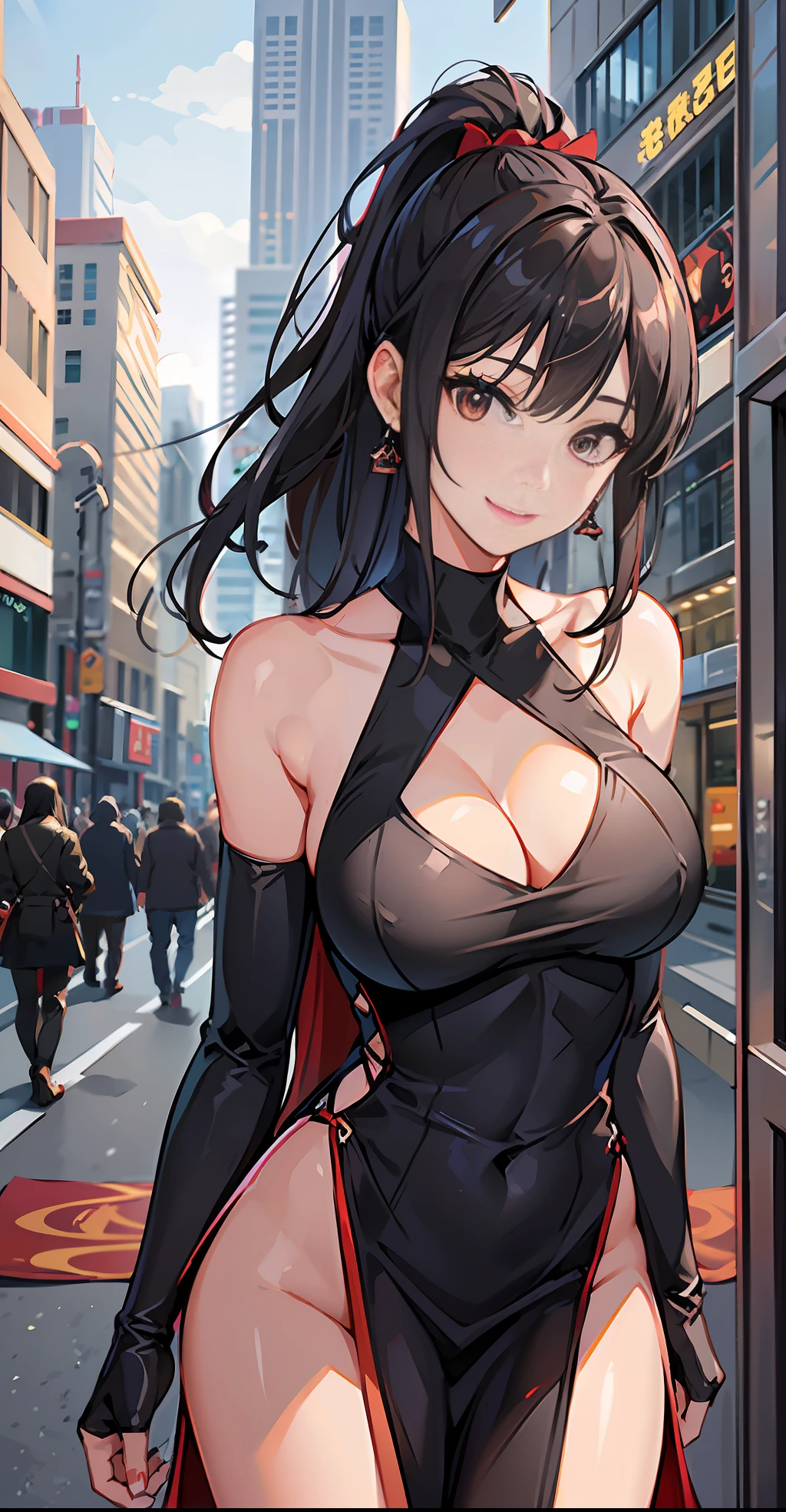 masterpiece, best quality, highres, (photorealistic:1.4), earrings, (depth of field:1.8), beautiful Korean girl, thigh gap, 1 girl, long hair, ponytail, (solo:1.1), red, (slit skirt curtain:1.5),(halter neck t-shirt), shinobi, ninja, bare shoulder, elbow gloves, (looking at viewer:1.2), (smile:1.2), (full body:1.), (in the city:1.5), medium breast, (pureerosface_v1:0.5),