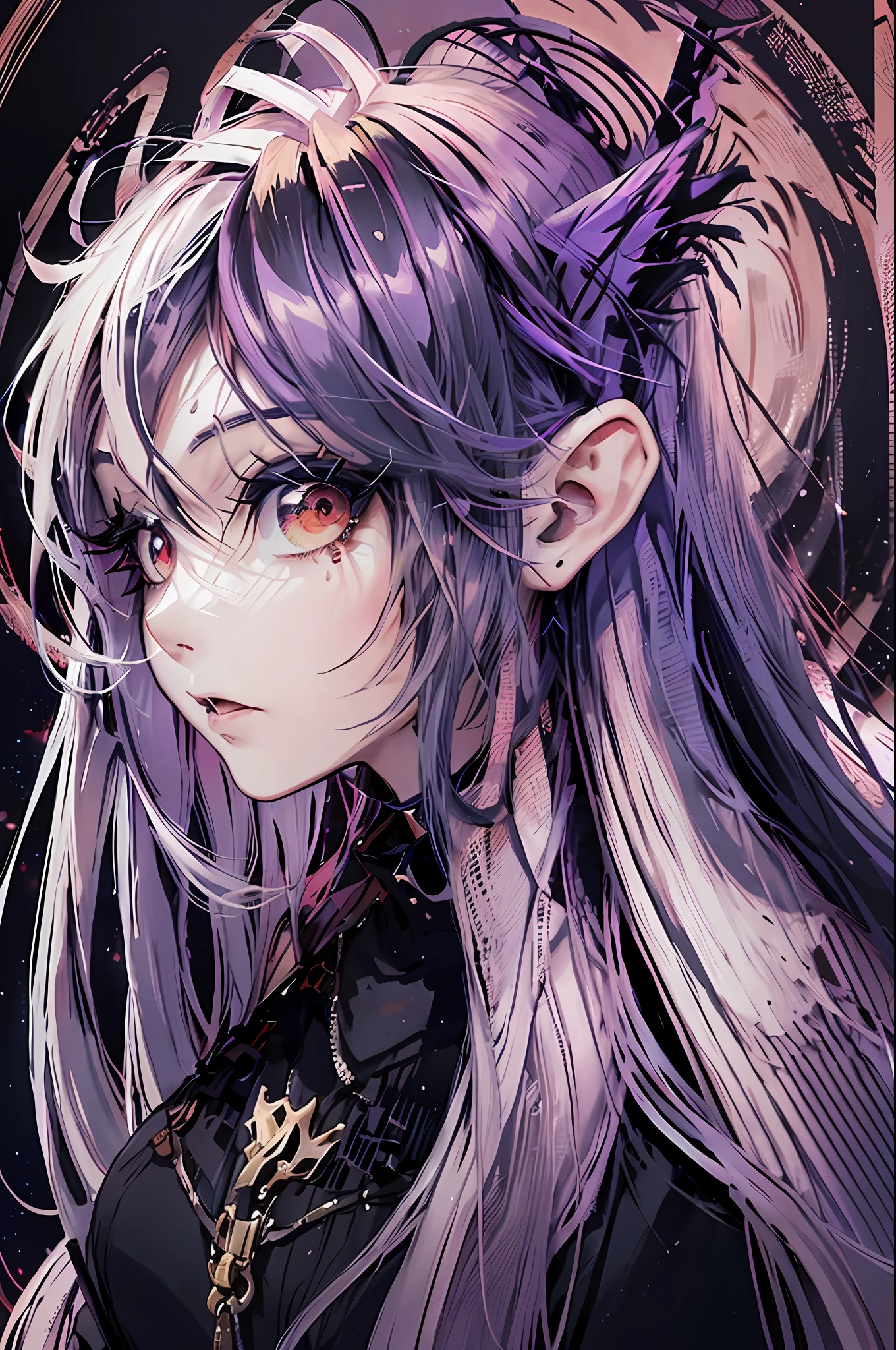 masterpiece, best quality, ultra-detailed, absurdres, colorful, 1girl, solo, (solid red eyes:1.0), (white hair, long hair, straight hair, hair over one eye:1.0), detailed eyes, wide-eyed, eyelashes, (upper body:0.8), monster girl, side view, glowing eyes, tilted head, night, black suit, pointy ears, horror, dark, black background, looking at viewer, crown, high contrast, backlighting, (standing:0.8), aura, fractal background, chaotic, spiral, demon horns, energy, mosaic, inferno