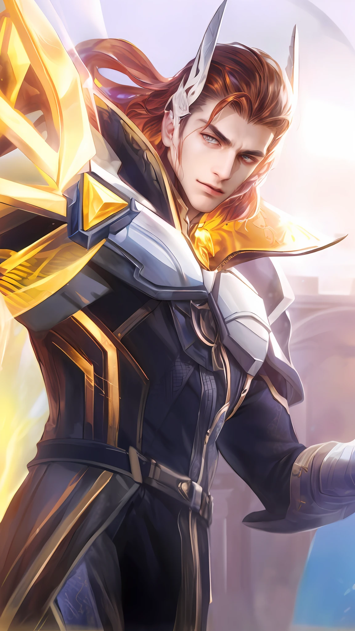 (Absurdres, Intricate Details, Masterpiece, Best Quality, High Resolution, 8k), 1 male, thin, young, aged up, masked, finely detailed eyes and face, auburn low-fade hair, amber eyes, portrait, looking at viewer, solo, half shot, detailed background, (light fantasy theme:1.1), focusing, mercenary, sunshine, floating scraps, color plate armor, divine aura, bright realistic lighting, marble castle, intense atmosphere, circlet, coat of arms, brazier, , Depth of Field, VFX. wear an eyepatch