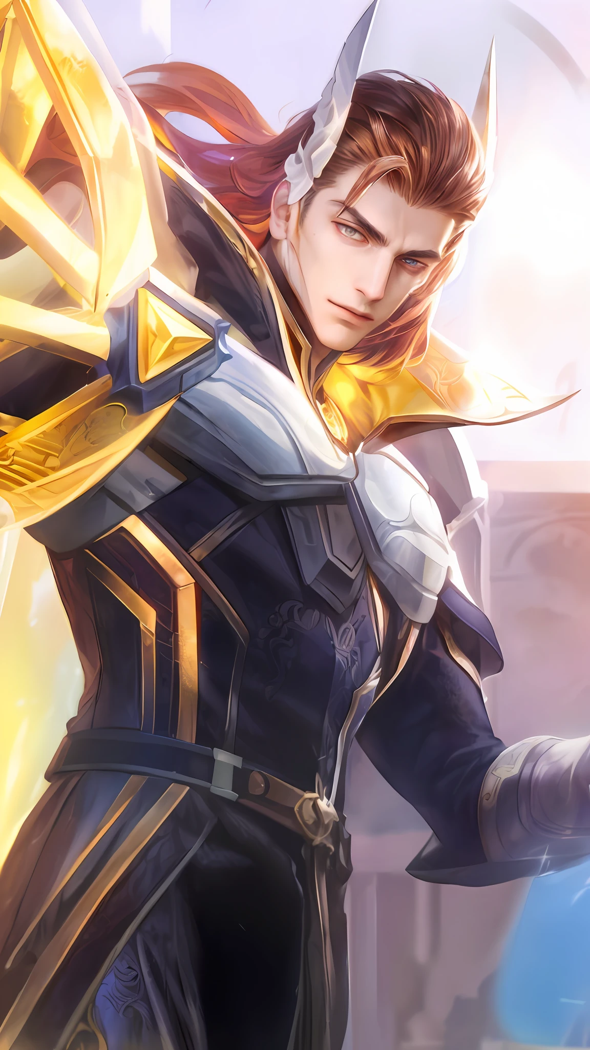 (Absurdres, Intricate Details, Masterpiece, Best Quality, High Resolution, 8k), 1 male, thin, young, aged up, masked, finely detailed eyes and face, auburn low-fade hair, amber eyes, portrait,  looking at viewer, solo, half shot, detailed background, (light fantasy theme:1.1),  focusing, mercenary,  sunshine, floating scraps,  color plate armor, divine aura, bright realistic lighting, marble castle, intense atmosphere, circlet, coat of arms,  brazier,  , Depth of Field, VFX. wear an eyepatch