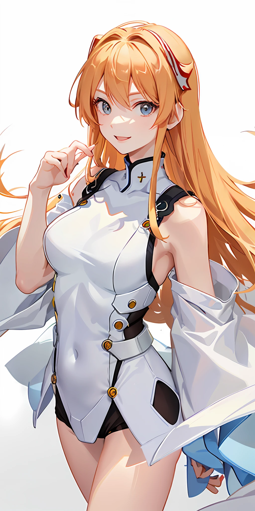 (Aerial view), dynamic angle, ultra-detailed, illustration, close-up, straight, 1girl, 
 ((souryuu asuka langley, interface headset, red bodysuit: 1.4, blonde),His eyes shone like dreamy stars,(bright eyes:1,233),(beautiful and detailed eyes:1.1),(smiling, mouth open),(standing), 
(white background),
(night: 1.2), dreamer, [[delicate fingers and hands: 0.55]::0.85],(detail fingers),