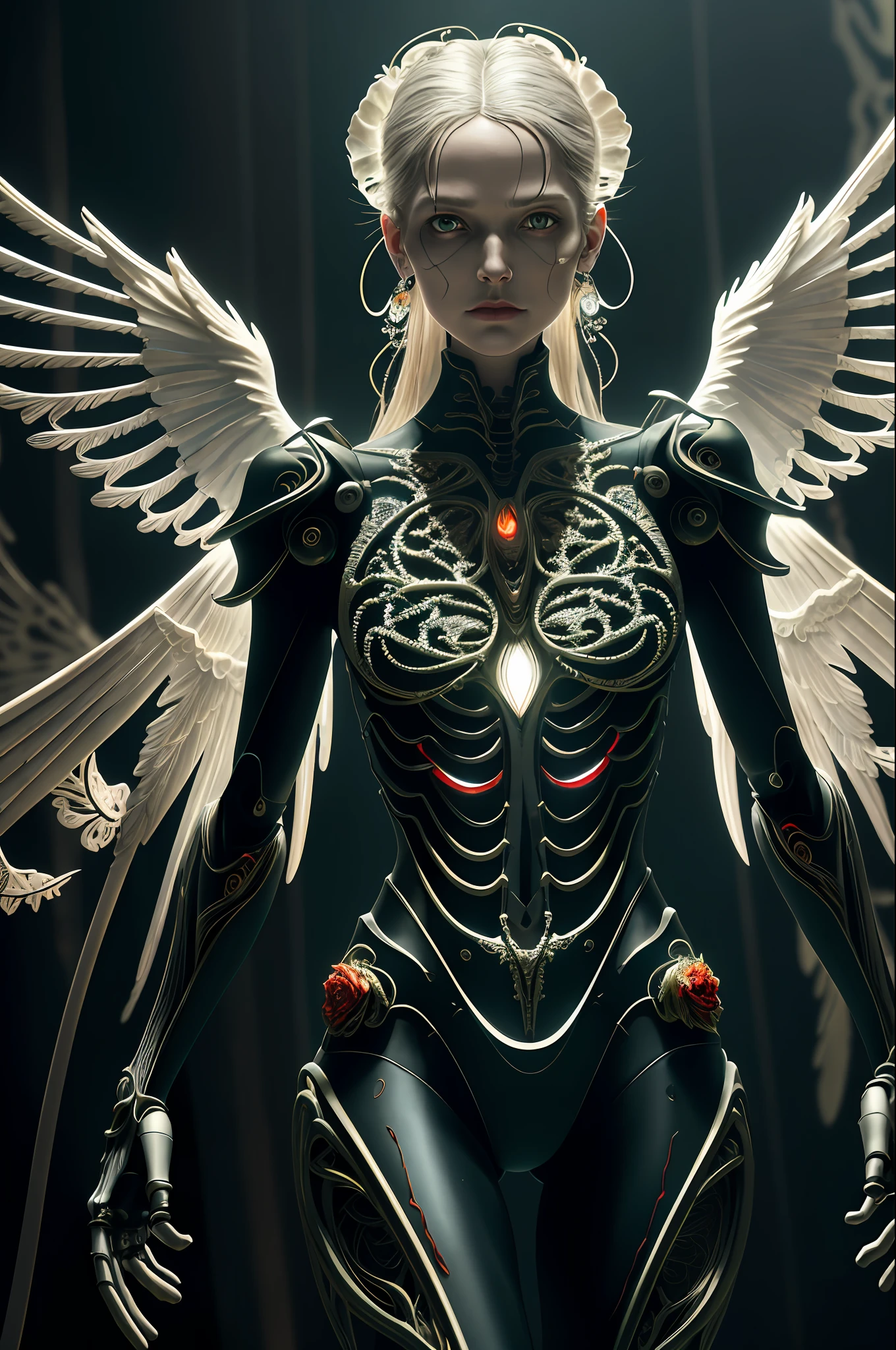 HD photo Intricate 3D rendering Ultra Detail Beautiful Angel of Death, Biomechanical Robot, Simulated 150mm Lens, Beautiful Natural Soft Edge Light, Neon Vein, Roots, Delicate Leaf Lace, Colored Details, Boris Bidjan Saberi Garments, Pearl Earrings, Piercings, Art Nouveau Fashion Embroidery, Intricate Details, Mesh Lines, Mandelbrot Fractal, Facial Muscles, Cables, Microchips, Villains, Surreal, Octane, Volume Lighting, 8k and post-production, red white with a touch of black, metal skeleton detailing, half-human, iridescent, Glenn Brown style, futuristic room, power of God, high angle shooting, complex body poses