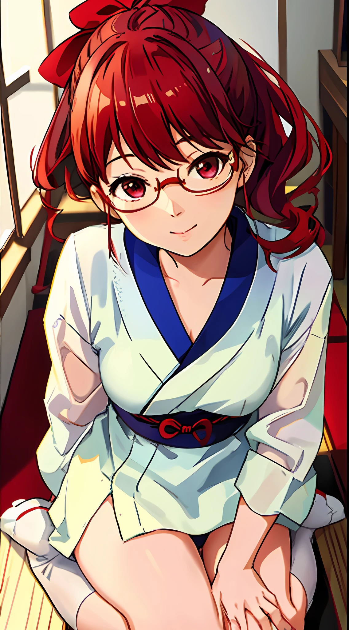 Solo, Sumire Yoshizawa, 1 woman, white skin, Japanese, red eyes, medium red hair with bangs and ponytail, small breasts, glasses, anime), ((ecchi, lewd)), masterpiece, best quality, 8k, sharp focus, depth of field, best shadows, perfect lights, HDR, realistic skin texture, hyper detailed background, tight lingerie, panties, japanese house, wearing white socks