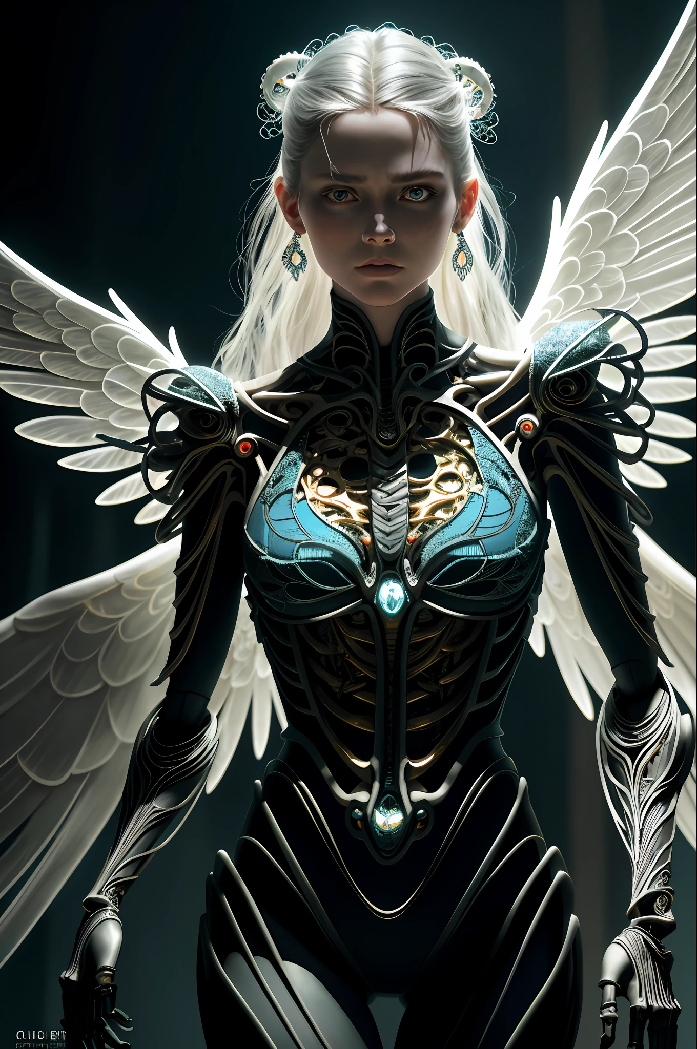 HD photo Intricate 3D rendering Ultra Detail Beautiful Angel of Death, Biomechanical Robot, Simulated 150mm Lens, Beautiful Natural Soft Edge Light, Neon Vein, Roots, Delicate Leaf Lace, Colored Details, Boris Bidjan Saberi Garments, Pearl Earrings, Piercings, Art Nouveau Fashion Embroidery, Intricate Details, Mesh Lines, Mandelbrot Fractal, Facial Muscles, Cables, Microchips, Villains, Surreal, Octane, Volume Lighting, 8k and post-production, red white with a touch of black, metal skeleton detailing, half-human, iridescent, Glenn Brown style, futuristic room, power of God, high angle shooting, complex body poses