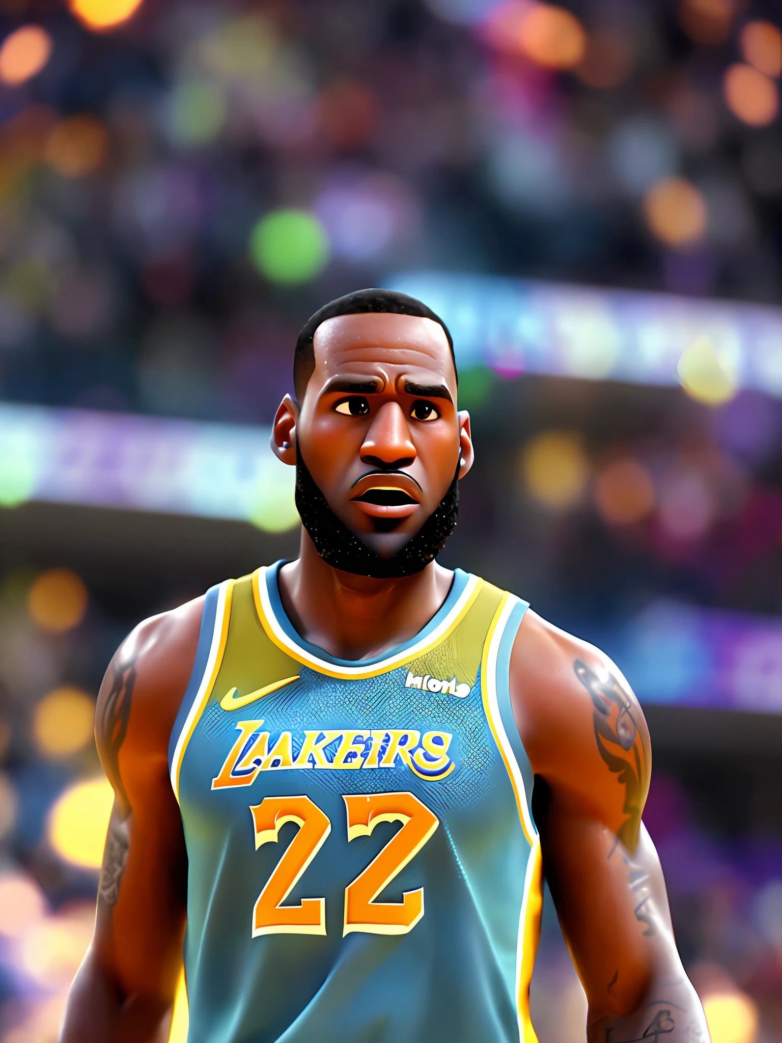LeBron James, (Pixar style) (masterpiece:1.2) (bokeh) (best quality) (detailed skin) (detailed texture) (8k) (claymation) (cinematic lighting) (sharp focus)