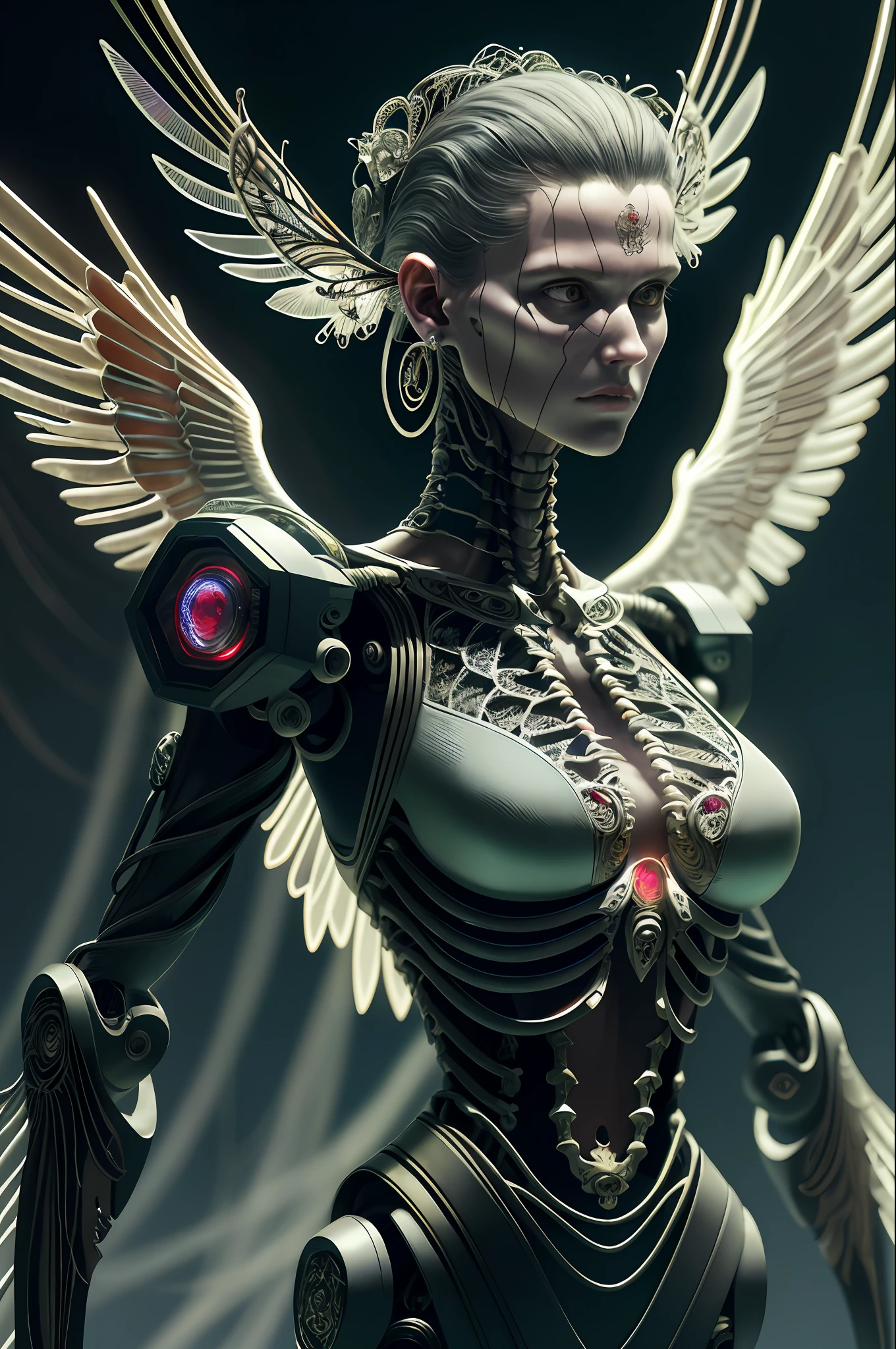 HD photo Intricate 3D rendering Ultra Detail Beautiful Angel of Death, Biomechanical Robot, Simulated 150mm Lens, Beautiful Natural Soft Edge Light, Neon Vein, Roots, Delicate Leaf Lace, Colored Details, Boris Bidjan Saberi Garments, Pearl Earrings, Piercings, Art Nouveau Fashion Embroidery, Intricate Details, Mesh Lines, Mandelbrot Fractal, Facial Muscles, Cables, Microchips, Villains, Surreal, Octane, Volume Lighting, 8k and post-production, red white with a touch of black, metal skeleton detailing, half-human, iridescent, Glenn Brown style, futuristic room, power of God, high angle shooting, complex body poses