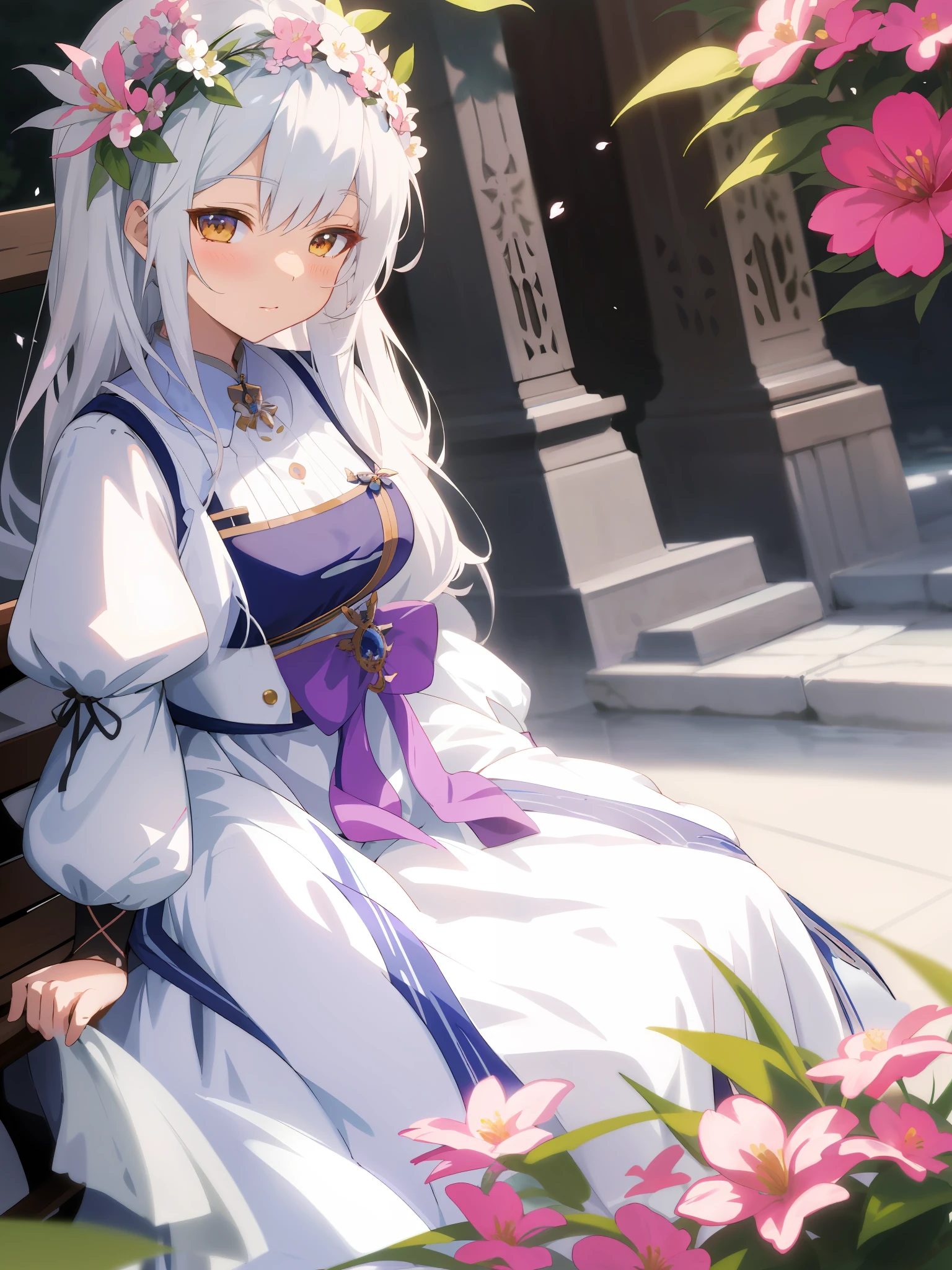 anime girl sitting on a bench with flowers in her hair, cute anime waifu in a nice dress, white haired deity, loli in dress, azur lane style, beautiful anime artwork, beautiful anime art, beautiful anime girl, from the azur lane videogame, beautiful anime portrait, beautiful anime woman, anime goddess, clean detailed anime art, perfect white haired girl