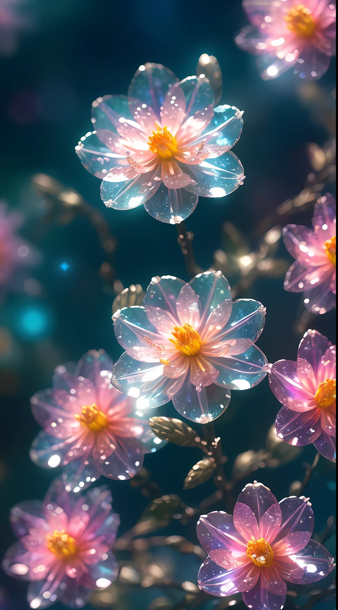 crystal spring blossom,
fantasy, galaxy, transparent, 
shimmering, sparkling, splendid, colorful, 
magical photography, dramatic lighting, photo realism, ultra-detailed, 4k, Depth of field, High-resolution