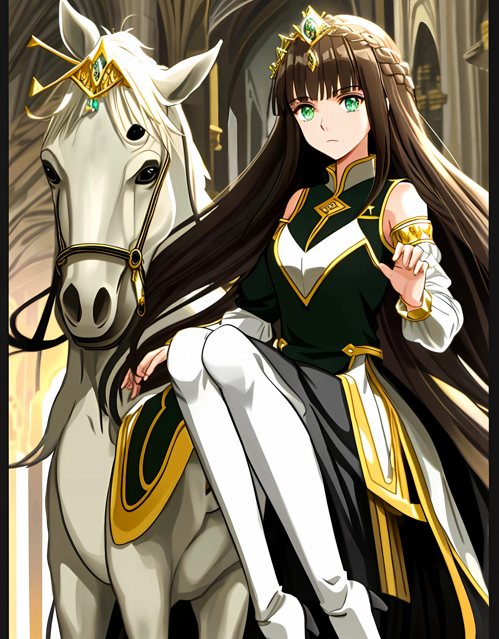 A princess petting a horse. The girl's hair is dark brown, green eyes, black dress, with a white pants and gold adornments, masterpiece, long boots, arcane magic, mage of elements, medieval, beautiful architecture, medieval atmosphere, anime, woman, Asian, at the door of a city, height of the young woman was 1.56cm, sleeveless dress