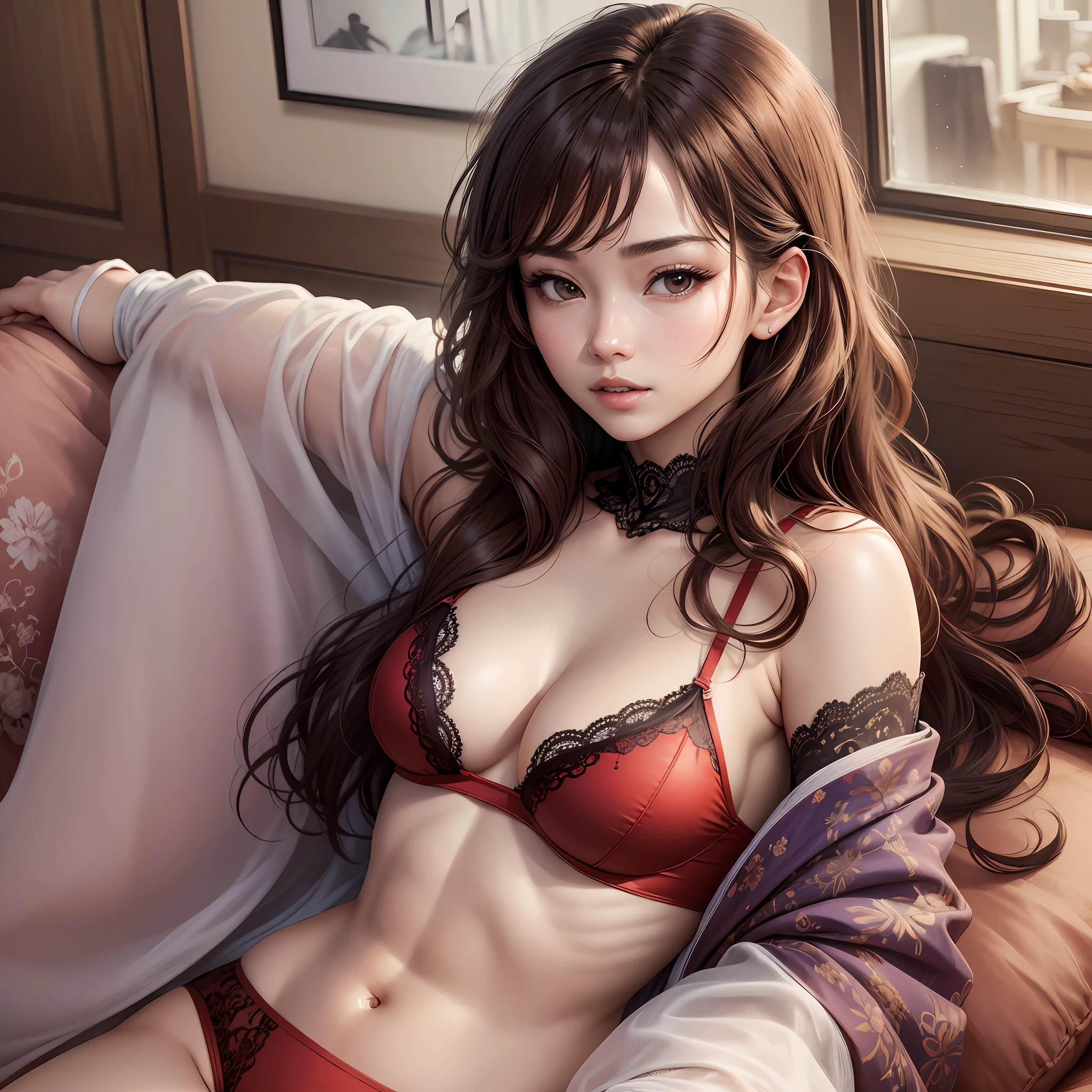 (Top Quality, 8k, 32k, Masterpiece, UHD: 1.3), Attractive Japan Woman Pictures, One Girl, (Big: 1.2), Erotic Red Underwear Style, Lace, Super Cute, Upper Body to Thighs, Nice Perfect Face with Soft Skin, Gorgeous Wavy Long Brown Hair, 8K Resolution, Ultra Realistic, Super Detailed, High Quality, Relaxing on the Sofa, Bold Pose, --auto --s2