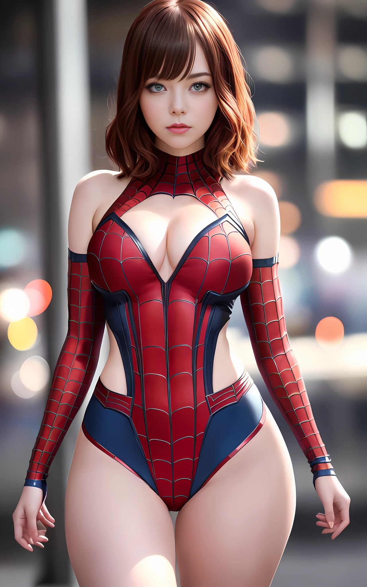 Emma Stone in a spider-man suit, (spiderman costume mini skirt :1.1), pure white skin, flawless skin, perfect iris circle, porcelain skin, intricate details, stunningly beautiful face, Sexy lips, Pink lips, perfect face, perfect eyes, perfect nose, perfect mouth, highly detailed comprehensive cinematics, sexy, belt, deep neckline, short hair with bangs, cheeky smile, in new york, shot on dslr, detailed face, big hips, amazing body, amazing legs, cinematography, maximum details, neutral colors, hdr, muted colors, soft cinematic light, insane details, intricate details, hyperdetailed, Best quality, masterpiece, an extremely delicate and beautiful, extremely detailed, CG, unity, 2k wallpaper, Amazing, finely detail, light smile, highly detailed CG unity 8k wallpaper, large file size, ultra-detailed, high resolution, highly detailed, 1 girl, sexy body, huge boobs, (brown hair), focus sharp, looking at the viewer, sharp focus, face close-up.