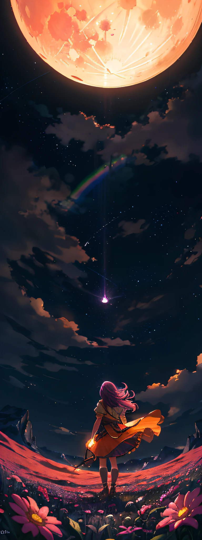 Vast landscape photo, (viewed from below, the sky is above and the open field is below), a girl standing on a flower field looking up, (full moon: 1.2), (meteor: 0.9), (nebula: 1.3), distant mountains , Trees BREAK Crafting Art, (Warm Light: 1.2), (Fireflies: 1.2), Lights, Lots of Purple and Orange, Intricate Details, Volumetric Lighting, Realism BREAK (Masterpiece: 1.2), (Best Quality), 4k, Ultra-Detailed, (Dynamic Composition: 1.4), Very Detailed, Colorful Details, (Rainbow Colors: 1.2), (Glow Lighting, Atmospheric Lighting), Dreamy, Magical, (Solo: 1.2)