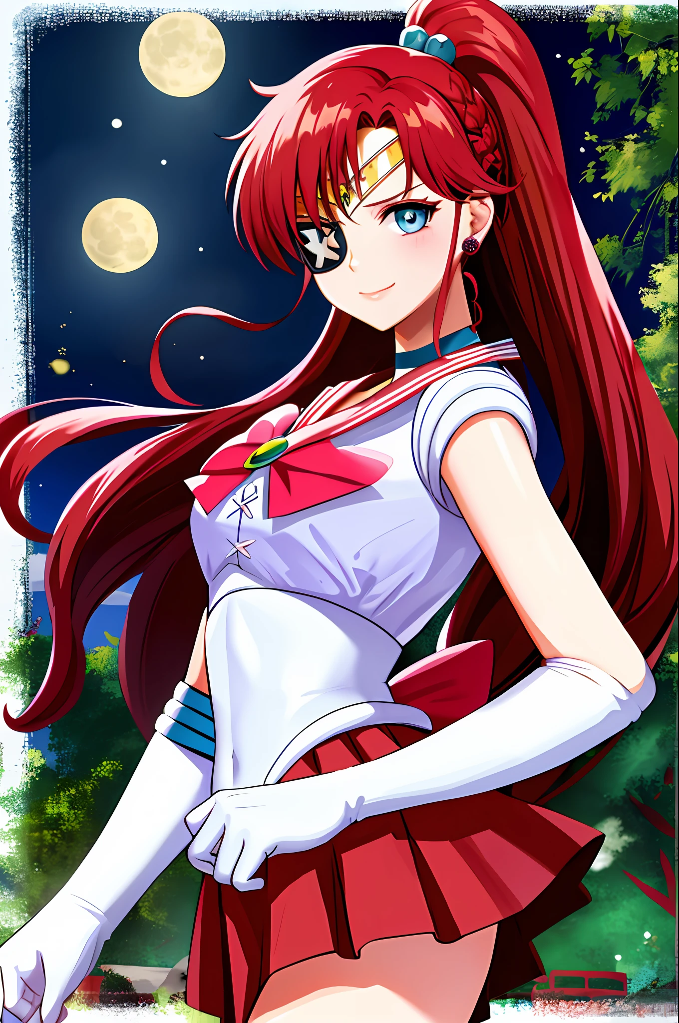 masterpiece, best quality, highres, hmjupiter, eye patch, blue eyes, long braided hair, red hair, tiara, jewelry, sailor senshi uniform, red sailor collar, red skirt choker, elbow gloves, white gloves, blue bow, brooch, cowboy shot, standing, night, moon, smile, right eyepatch,