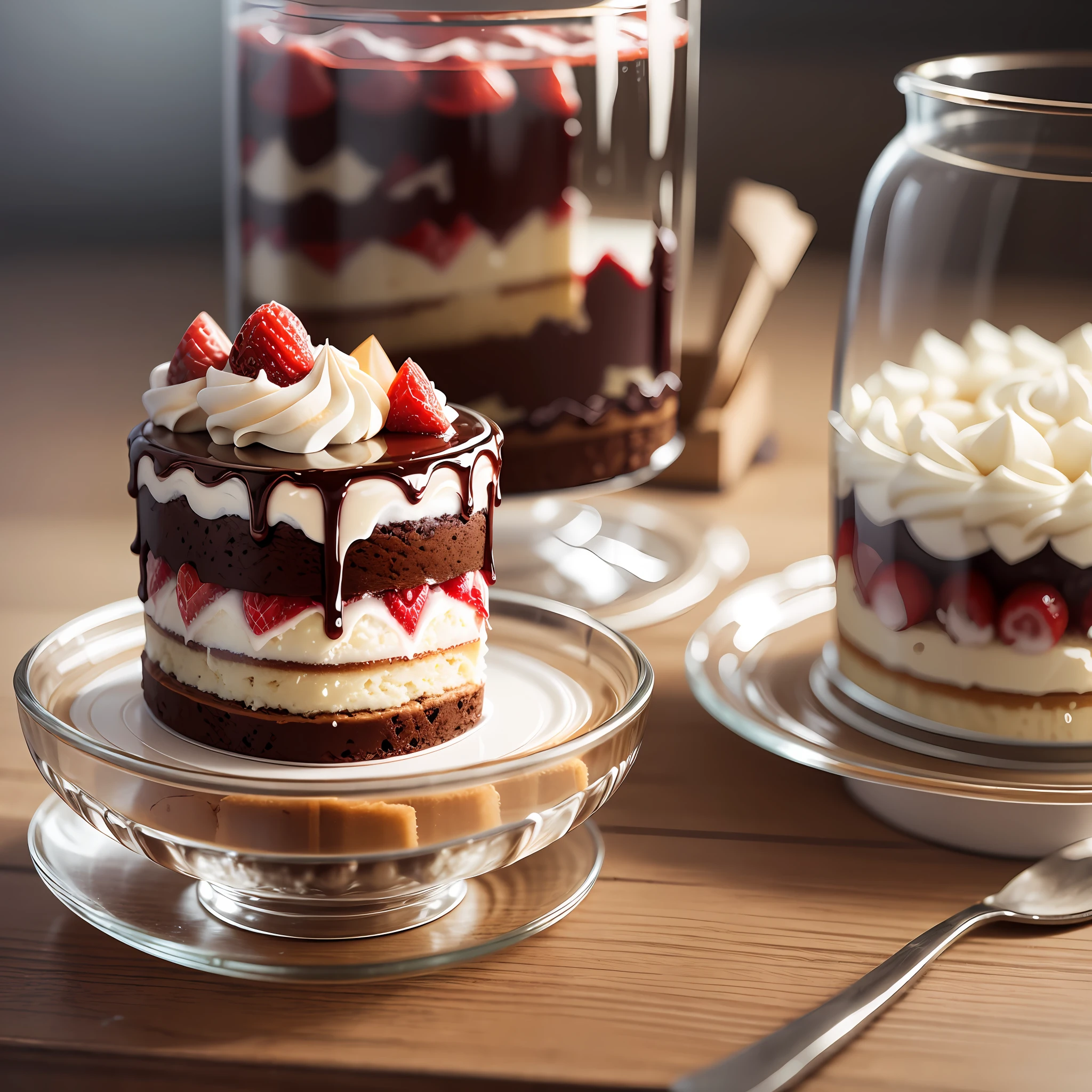 Create a layered cake image inside a glass, very realistic image, with a background of a confectionery --auto --s2