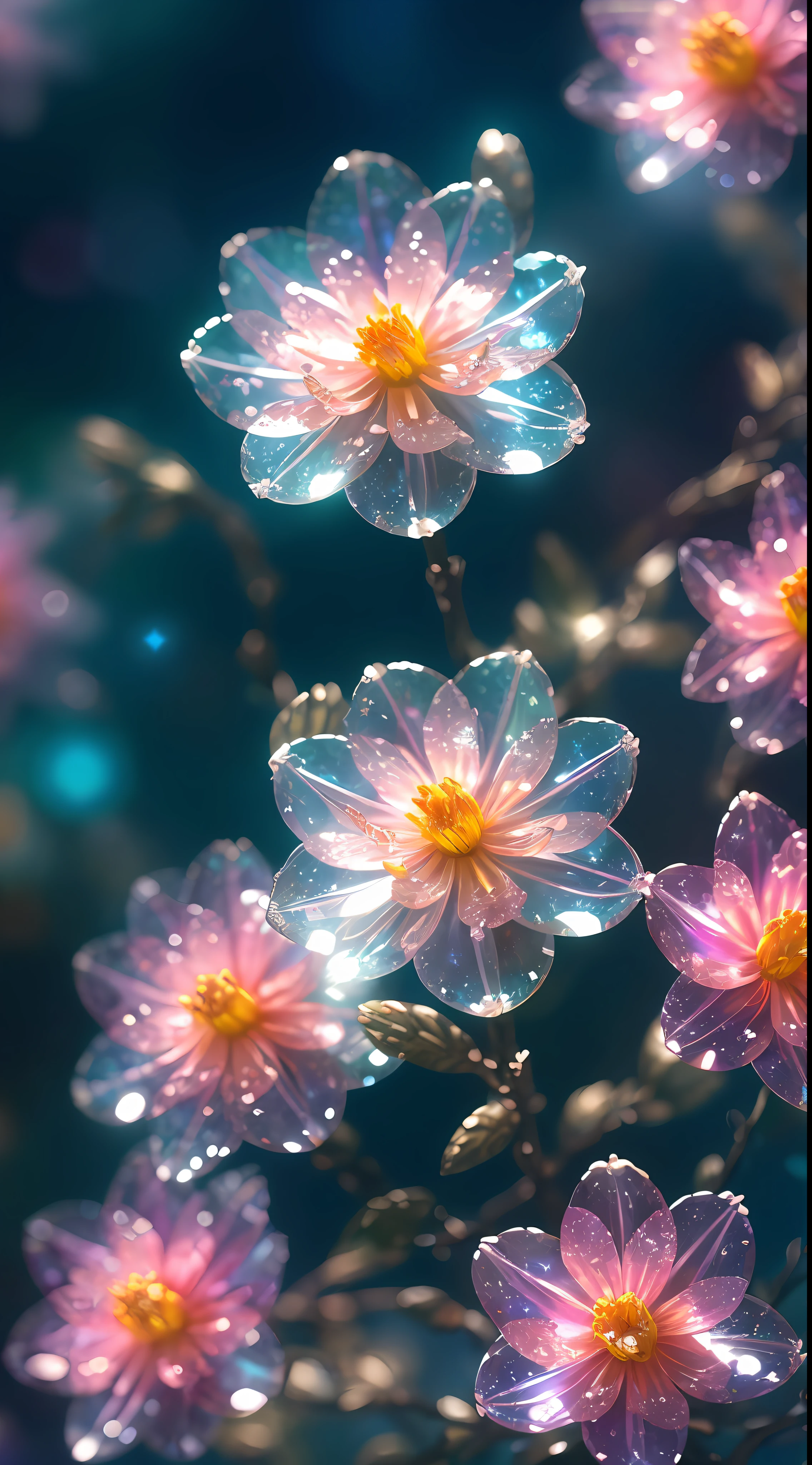 crystal spring blossom,
fantasy, galaxy, transparent, 
shimmering, sparkling, splendid, colorful, 
magical photography, dramatic lighting, photo realism, ultra-detailed, 4k, Depth of field, High-resolution