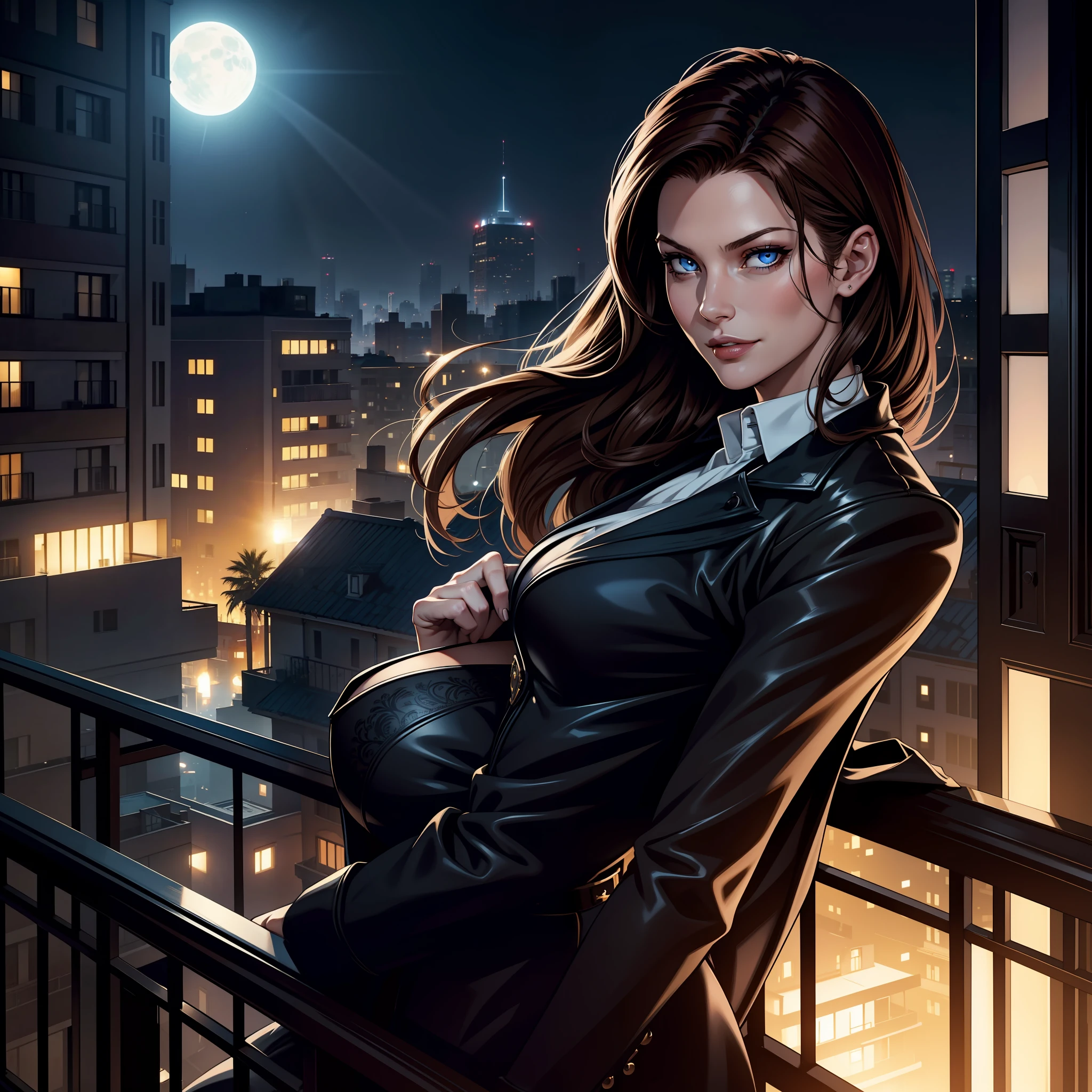 (extremely detailed 8k wallpaper), dark theme, Vampire the Masquerade, modern horror, 2020s, very beautiful woman, wearing expensive clothes of medical company president, sharp focus, (subsuperficial scattering:1.1), award-winning photography, centered face, Catherine Zeta-Jones face, half-body photo:1.1, long light brown hair, blue eyes:1.2, big smile, on the balcony of a luxury apartment overlooking the beach at night, dramatic lighting