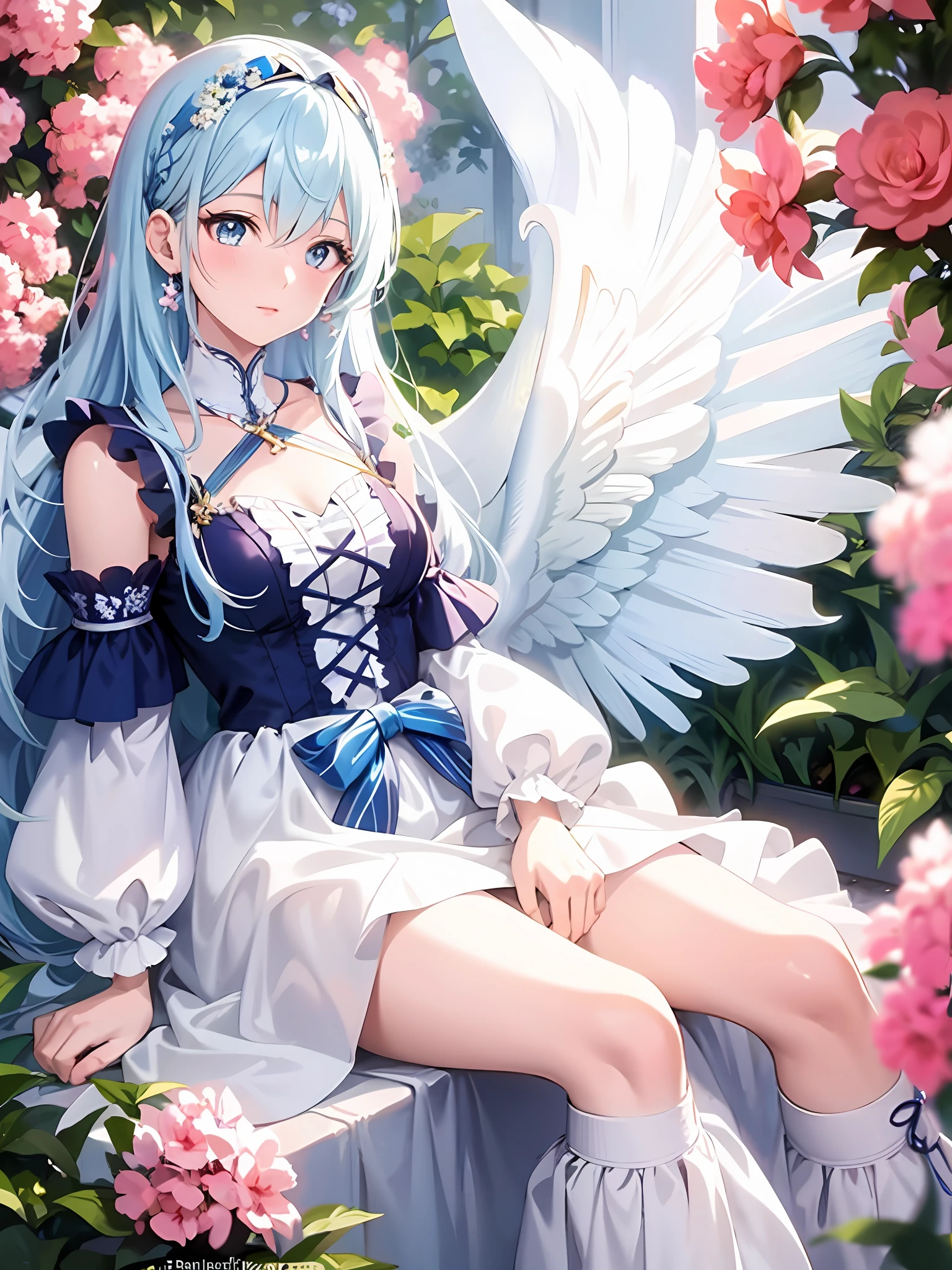 anime girl with blue hair and angel wings sitting in a garden, beautiful fantasy anime, beautiful anime artwork, beautiful anime art, cute anime waifu in a nice dress, beautiful anime girl, beautiful anime, of an beautiful angel girl, anime fantasy artwork, anime fantasy illustration, clean detailed anime art, trending on artstation pixiv, anime art wallpaper 4 k