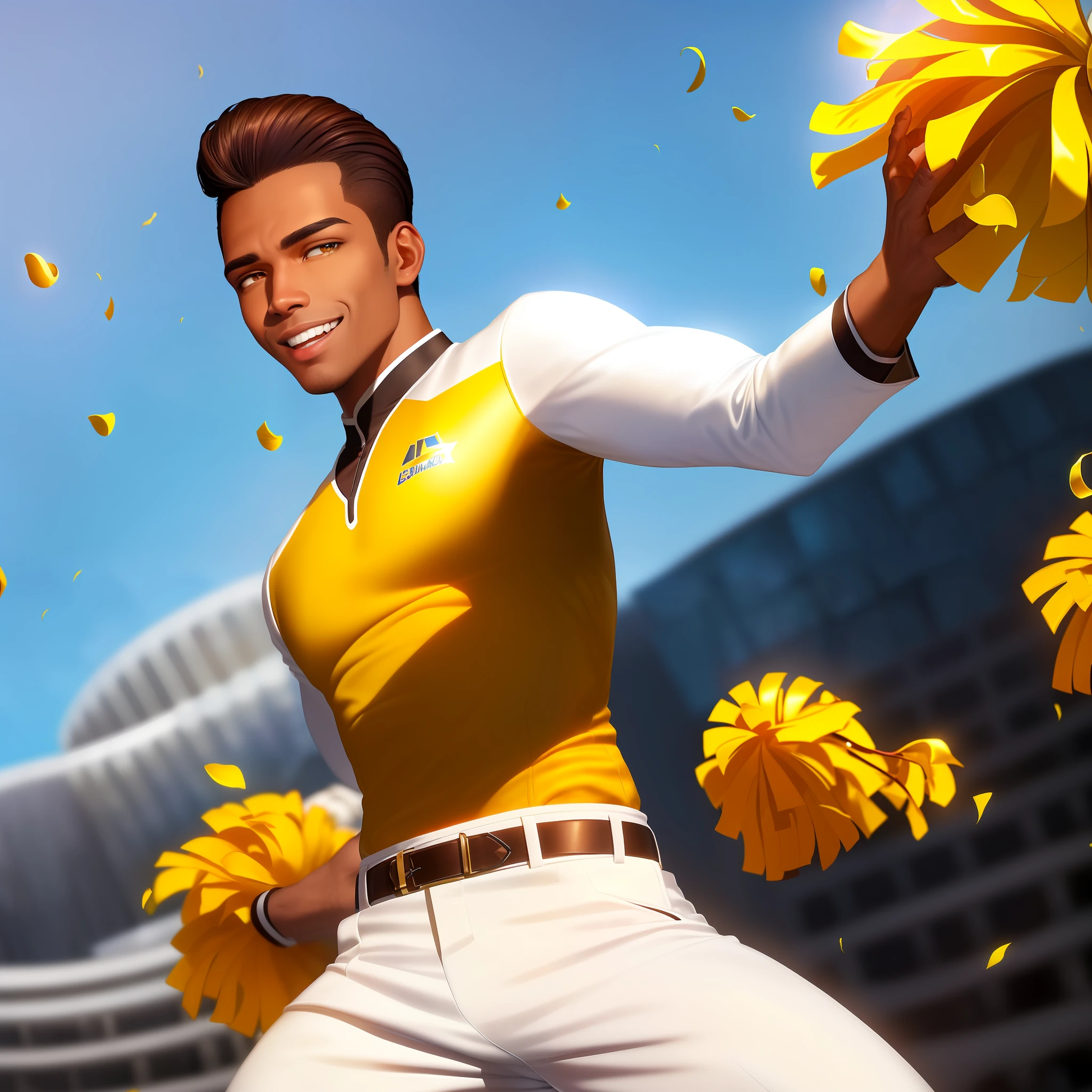 remove and blend into background(dramatic illumination, dynamic angle, intense color contrast), (solo) (portrait young black man, (with slicked back brown hair:1.2), (brown eyes), (wearing white pants, white and yellow cheerleader top:1.1), (outdoors), (cheerleading), (round glass building behind him), (big smile), (flowers falling behind him)