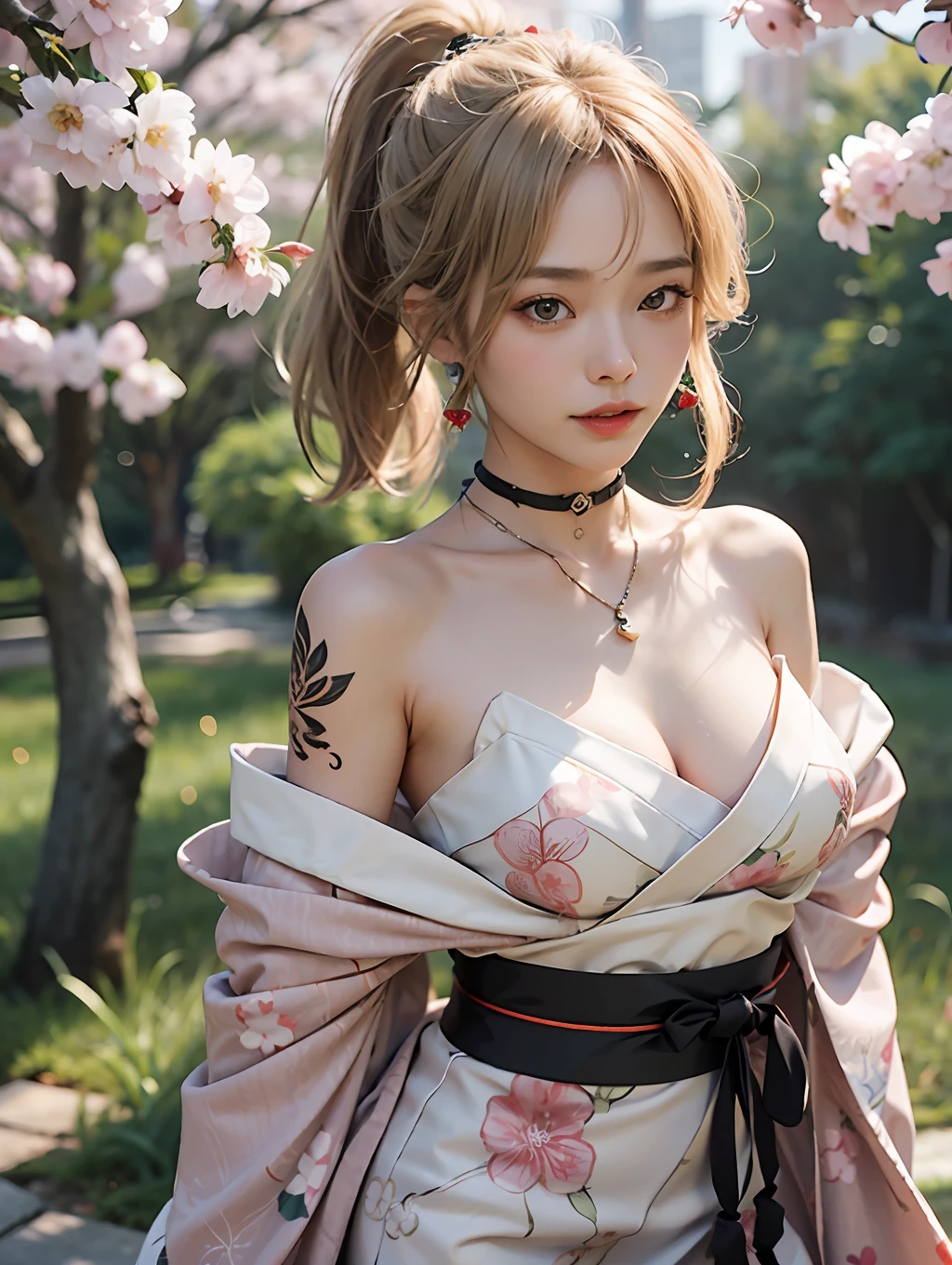 masterpiece, exquisite, high-resolution, single woman, blonde, medium hair, asymmetrical hair, floating hair, blindfold, high ponytail, side lock, hair ornament, fish hair ornament, tassels, kanzashi, bangs, orange eyes, open mouth, smile, teeth, upper teeth only, choker, red choker, pendant choker, butterfly choker, collarbone, tattoo, chest tattoo, flower tattoo, cleavage, middle chest, thigh, bandage, bandaged leg, sarashi, budget sarashi, chest sarashi, black sash, hadanugi dosa, broomstick, kimono, kimono, drawstring, obi, obiage, obijime, orange kimono, drawstring, patterned kimono, rope, obi, shimenawa, short kimono, bare shoulder, genshin, East Asian architecture, cherry blossoms, whole body, arms behind the head,