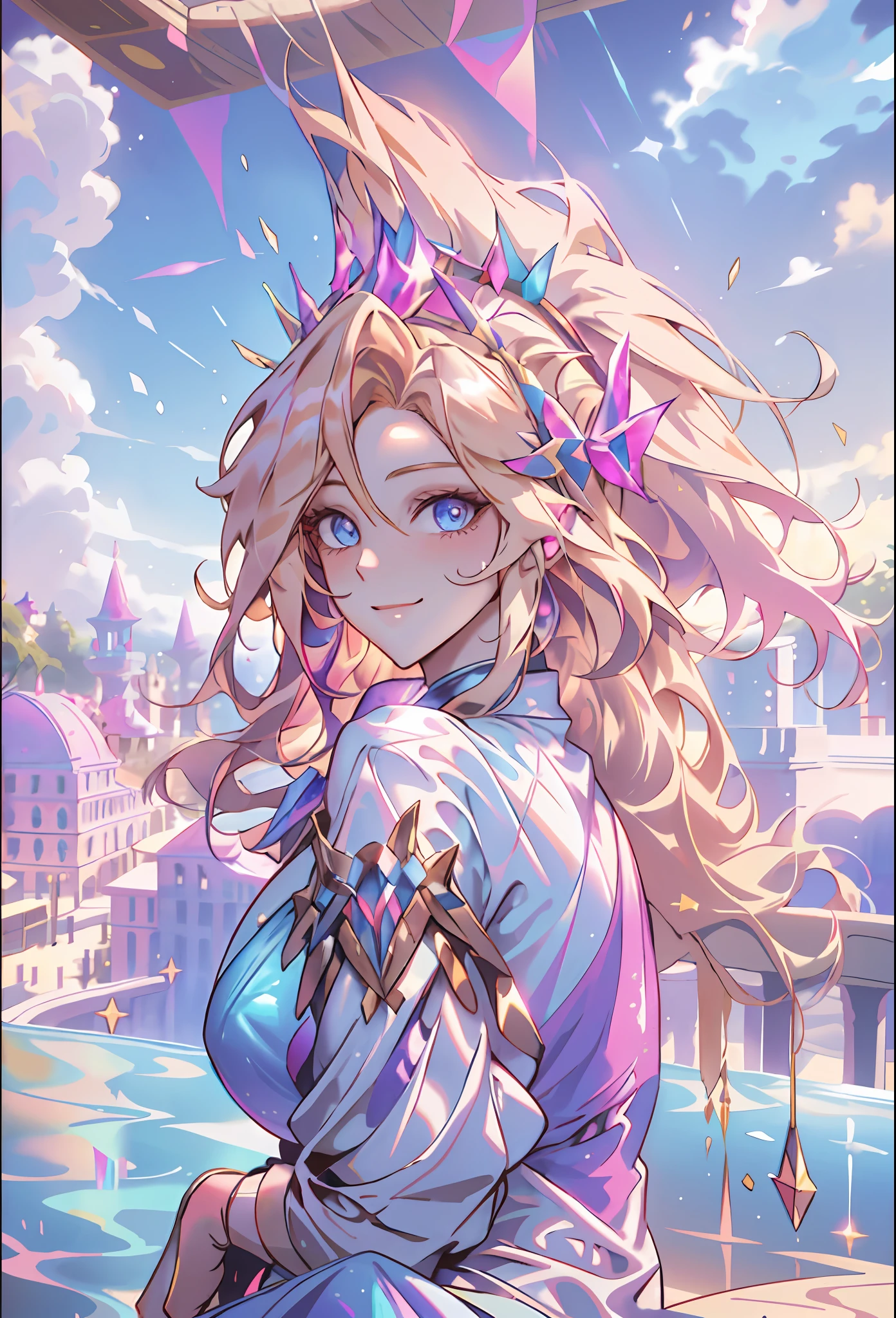 masterpiece, best quality, highres, ahri1, 1girl, solo, blonde hair, k/da \(league of legends\), long hair, multicolored hair, open hair, blue eyes, two-tone hair, large breasts, poolside, micro bikini, smile, sitting,